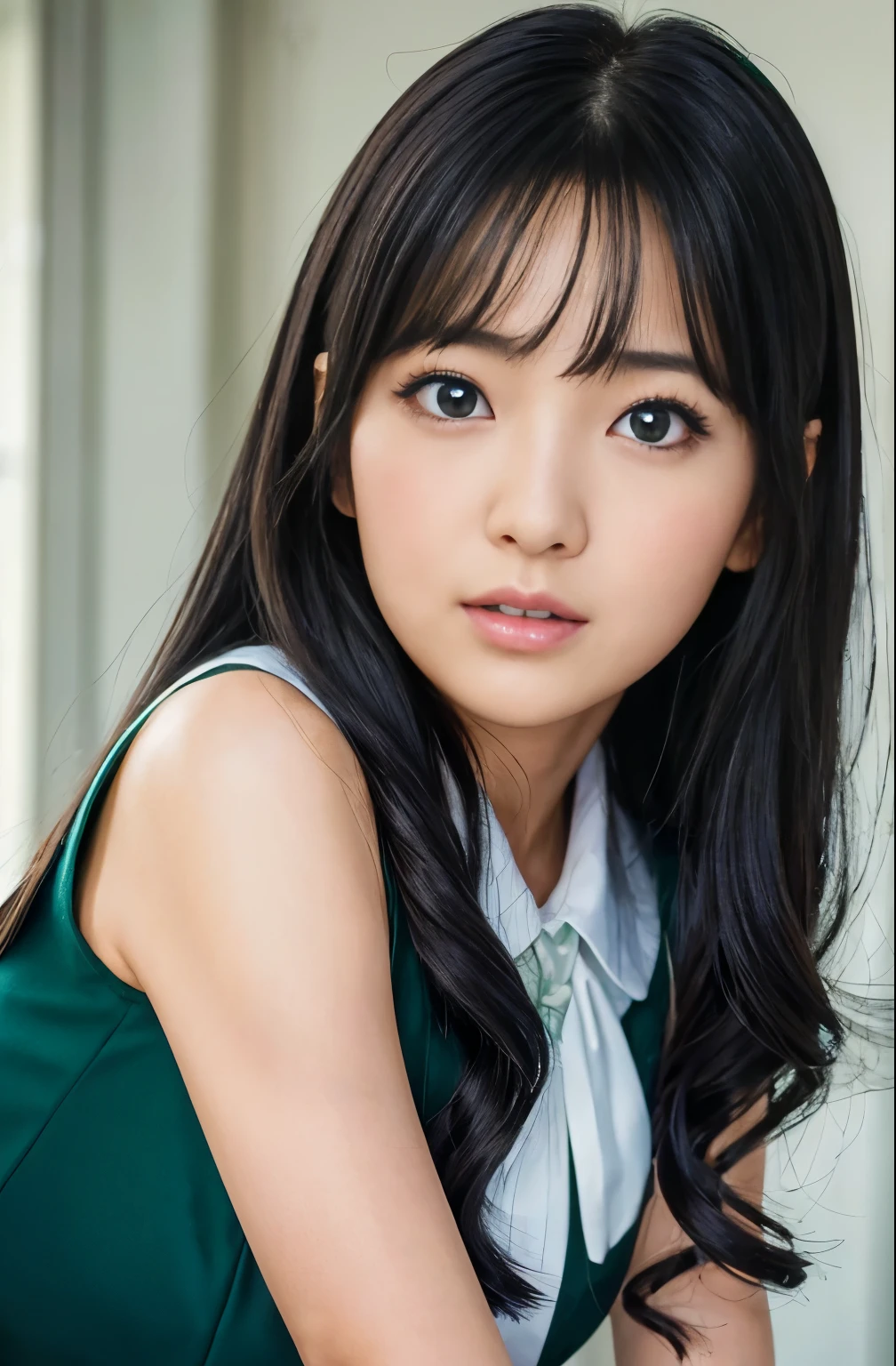 photorealistic, detailed, masterpiece, high resolution, (1 pretty school girl, rika shiraki, emerald sparkling eyes, platinum black hair, forehead, bangs, partial vertical curly hair, sleeveless,