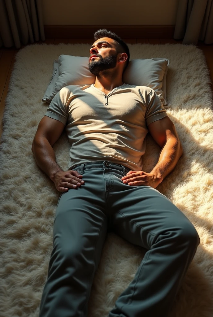 After exercise, Handsome man with abs lying on bed Stockings and nude Watch viewers Real Light & Shadow 4K Pure pants only Sweaty brunette Blue eyes White stockings Sexy man Normal body Homosexual physiological response Strong erection