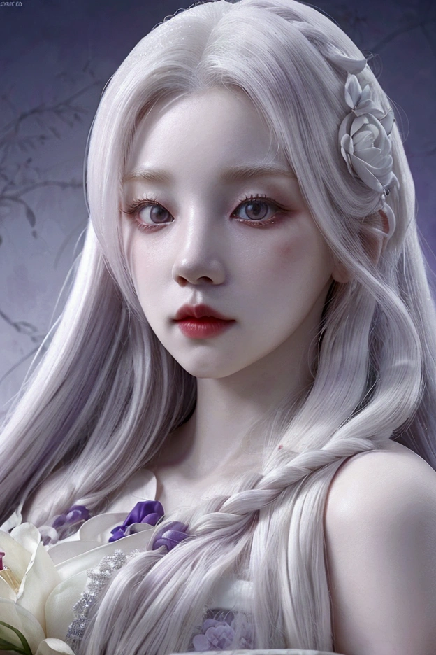 a woman with long white hair holding a bouquet of flowers, beautiful gray skin, pale porcelain white skin, red eyes, white and purple dress, artwork in the style of guweiz, guweiz, 4k hd. snow white hair, porcelain white skin, 8k high quality detailed art, pale snow white skin, red an purple aesthetic, red and purple details, Song Yuqi, purple and red background, 