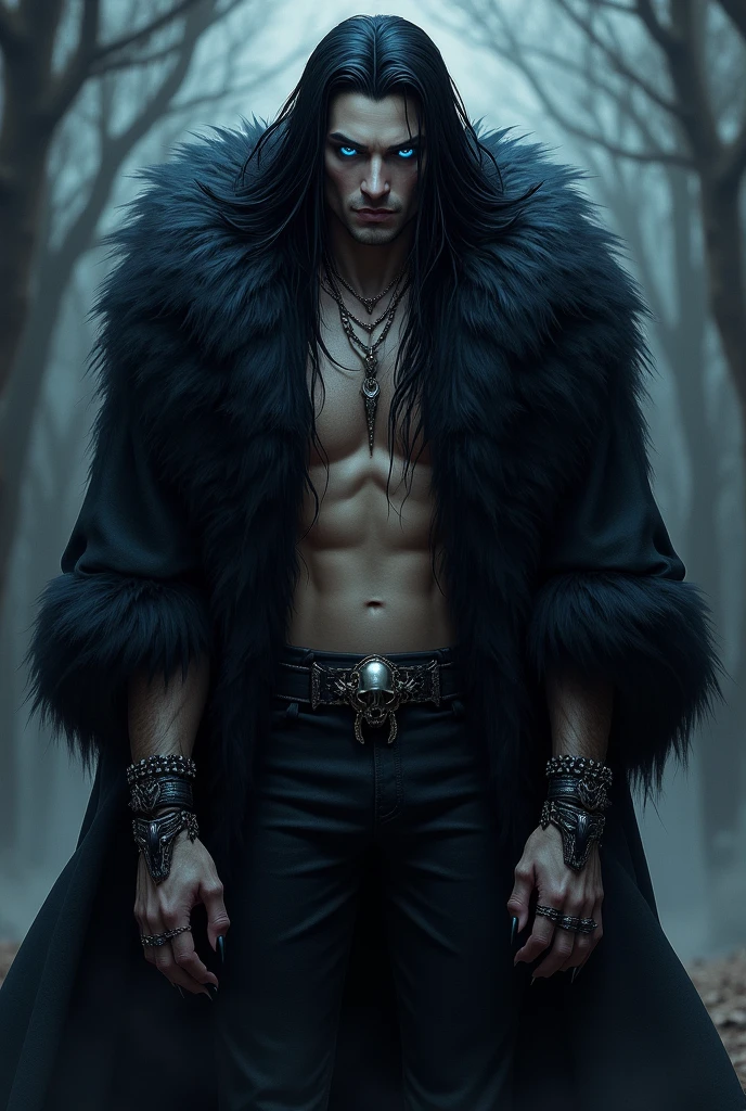 Ultra detailed 8K CG, perfect face, insanely handsome face, mature man, revealing clothes, spotlight, looking at the viewer, hyperrealistic, werewolf power, daring look, elegant, forest background, rain, fog, short disheveled hair, full body, full-length
