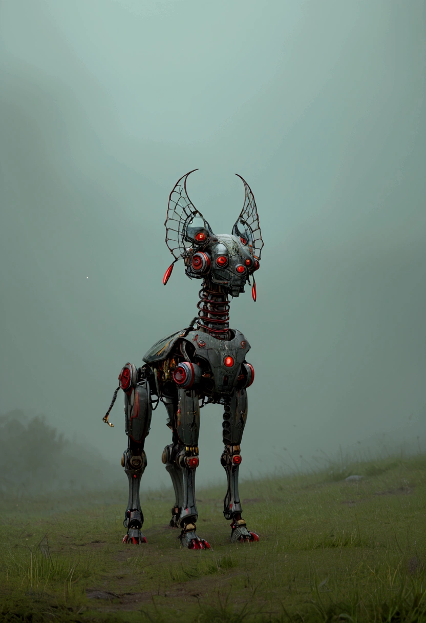 This surreal and photorealistic picture presents as with a cavalier king charles spaniel dog hybridized with a small kennel mecha standing in the grass with a tranquil and serene forest in background and peaceful morning sky with epic fluffy clouds. Image is perfectly rendered with physically based rendering. Crimson flowers and cybernetic organism hybridization cyborg, (long sophisticated elegant cybernetic legs:1.23) of futuristic steampunk robotic agent filled with weird disgusting liquids oozing from partly decayed mechanic parts. Image is designed in the art style of filip hodas, beeple. asymmetric robot design, NOBLEDOGS_CKCS
BREAK many alien artefacts in background, (translucent materials:1.2), low-poly environment, (Voronoi pattern:1.2), Voronoi-shaped pentagonal voxels and pentagonal prisms, (Helios_44_2, light leaks, gloom, bloom, HDR:1.1), atmospheric haze, shallow dof, swirly bokeh, (Helios_44_2, light leaks, gloom, bloom, HDR, analog style, analog film grain, imperfections of detailed textures:0.7), moody cinematic composition, rule of thirds, soft shadows, atmospheric haze, remarkable masterpiece