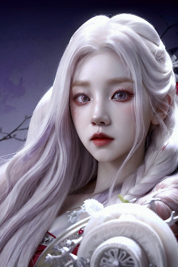 a woman with long white hair holding a bouquet of flowers, beautiful gray skin, pale porcelain white skin, red eyes, white and purple dress, artwork in the style of guweiz, guweiz, 4k hd. snow white hair, porcelain white skin, 8k high quality detailed art, pale snow white skin, red an purple aesthetic, red and purple details, Song Yuqi, purple and red background, princess dress, princess, red eyes, purple dress