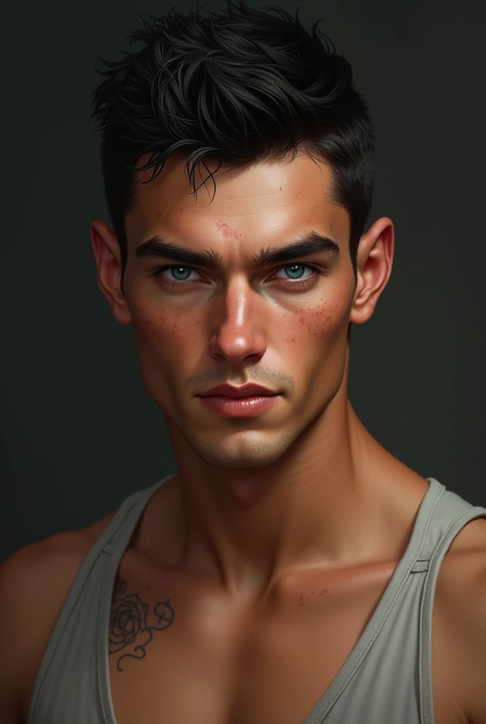 a young man AI high quality muscular tattoo with name “ruy” light skin tanned piercing gaze pink mouth with realistic animated bedroom background