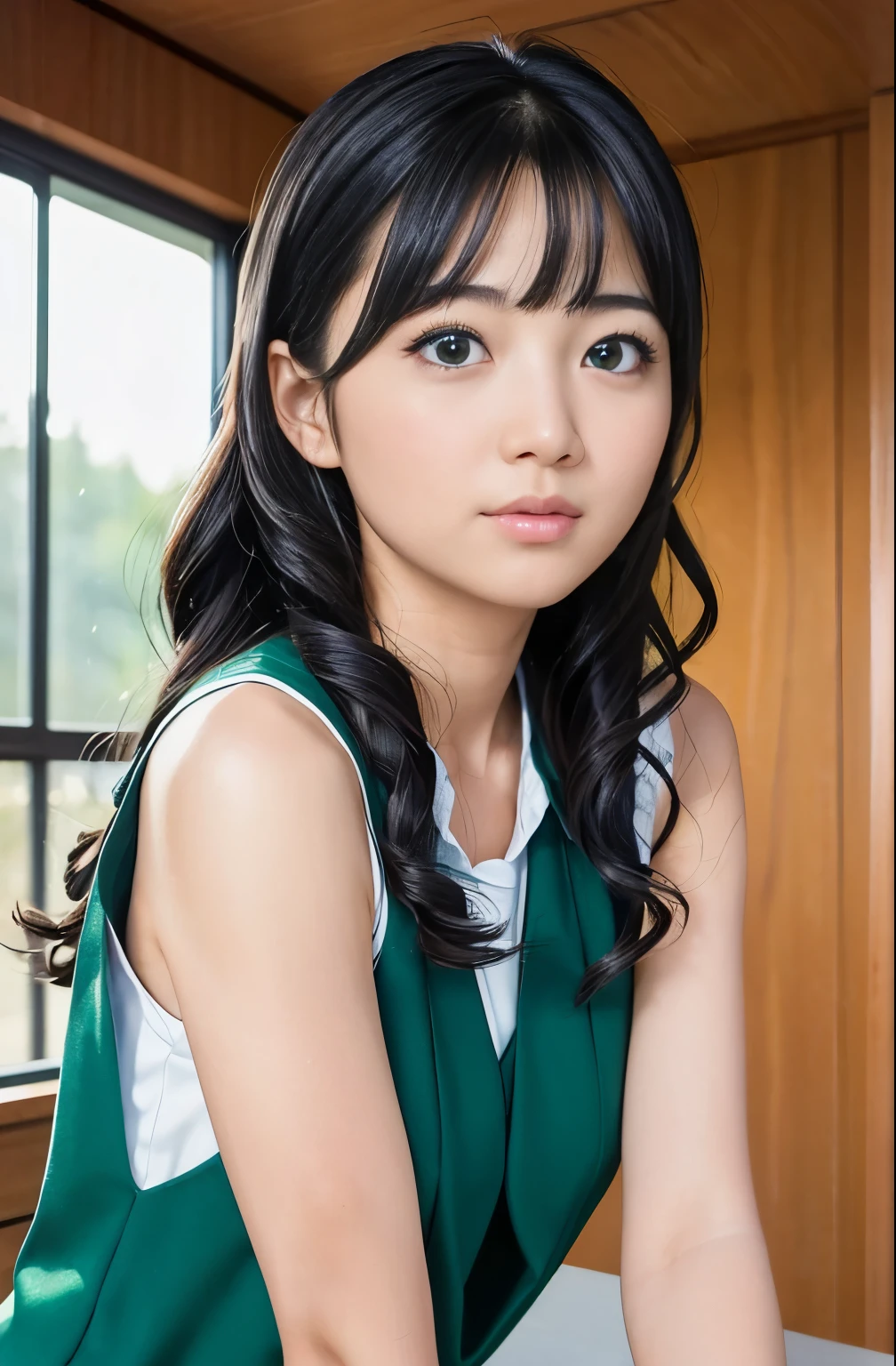 photorealistic, detailed, masterpiece, high resolution, (1 pretty school girl, rika shiraki, emerald sparkling eyes, platinum black hair, forehead, bangs, partial vertical curly hair, sleeveless, 