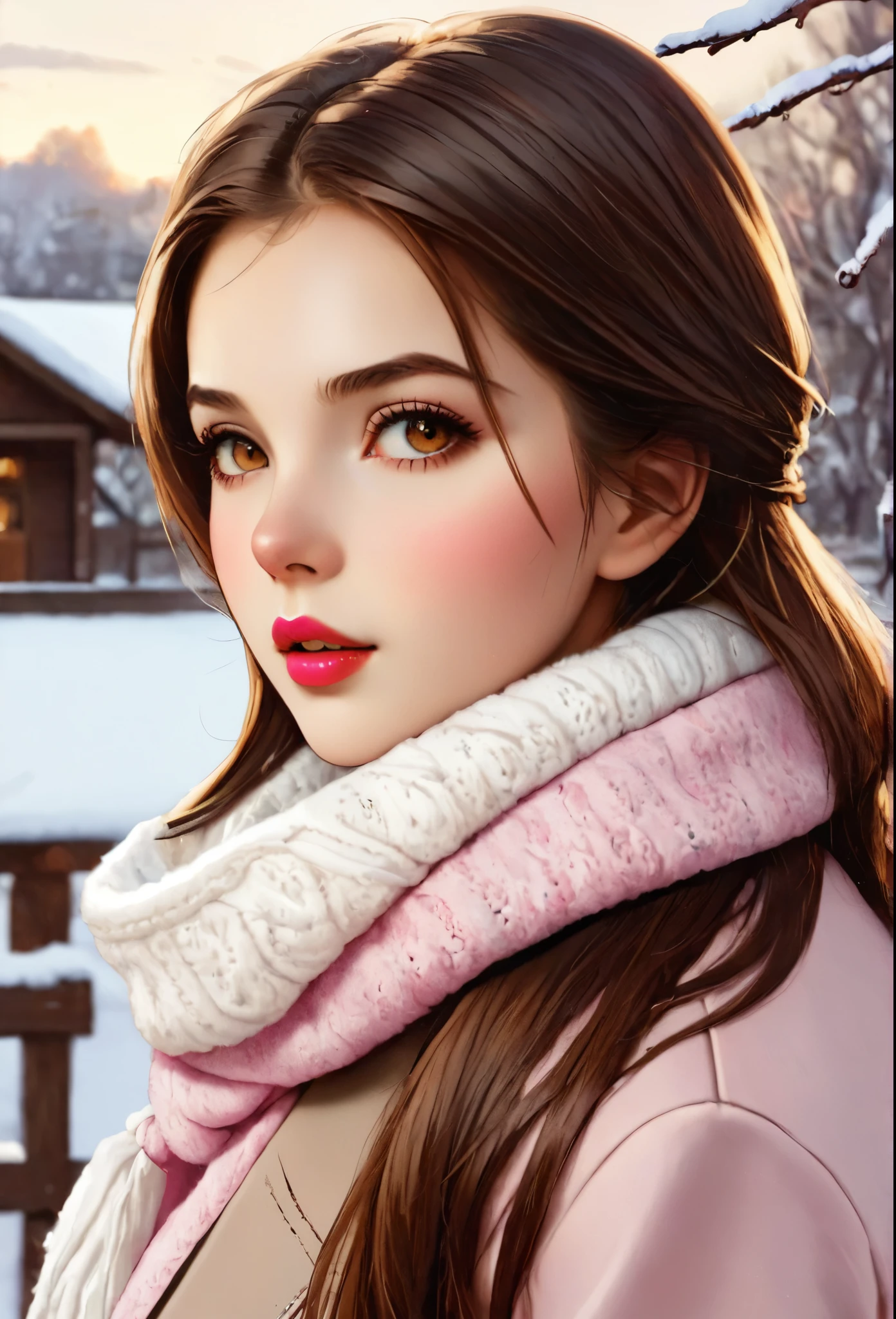 Girl, long straight brown hair, brown eyes, sharp features, white skin, pink lips, soft natural makeup, perfect look, winter style.