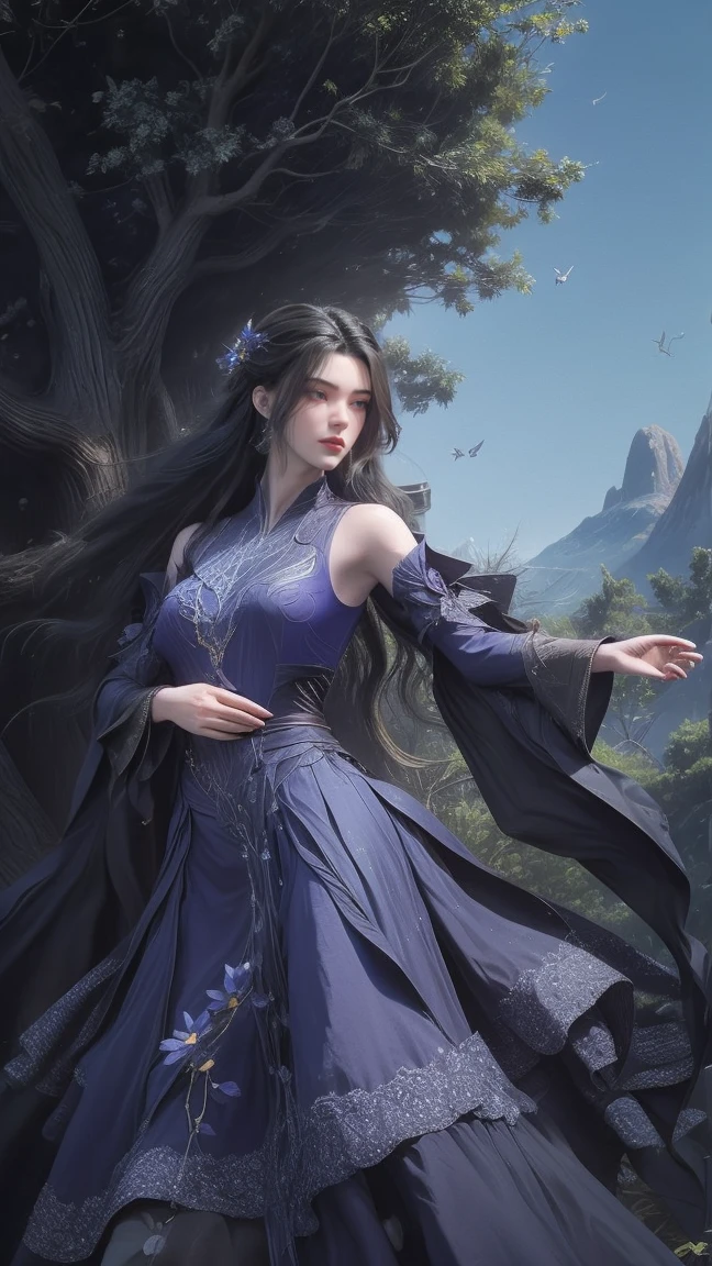 An animated image of a woman with long black hair and a long blue dress. She is standing on a rock that is surrounded by water. The woman's dress is adorned with purple ribbons. Her arms are outstretched and she is looking at the left side of the image. There is a tree to the left of the woman with leaves on it. There are blue and purple butterflies in the sky above the water.