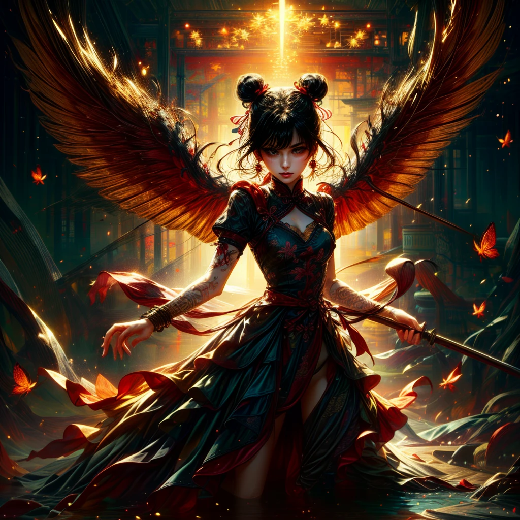 ultra high resolution,((masterpiece))),(((best quality))),((super detailed)),((extremely delicate and beautiful)),
xuer ai yazawa style girl,1girl,solo,black hair,golden backstage light,2 horns on head,holding weapon,double bun,jewelry,hair bun,looking at viewer,earrings,dark background with gold mist,bangs,red lips,long dress,chinese dress,standing,brown eyes,open arms,makeup,floral print,sheath,boots,blunt bangs,socks,bracelet,facial mark,lighting butterfly,
disgust,gold wings on her back,