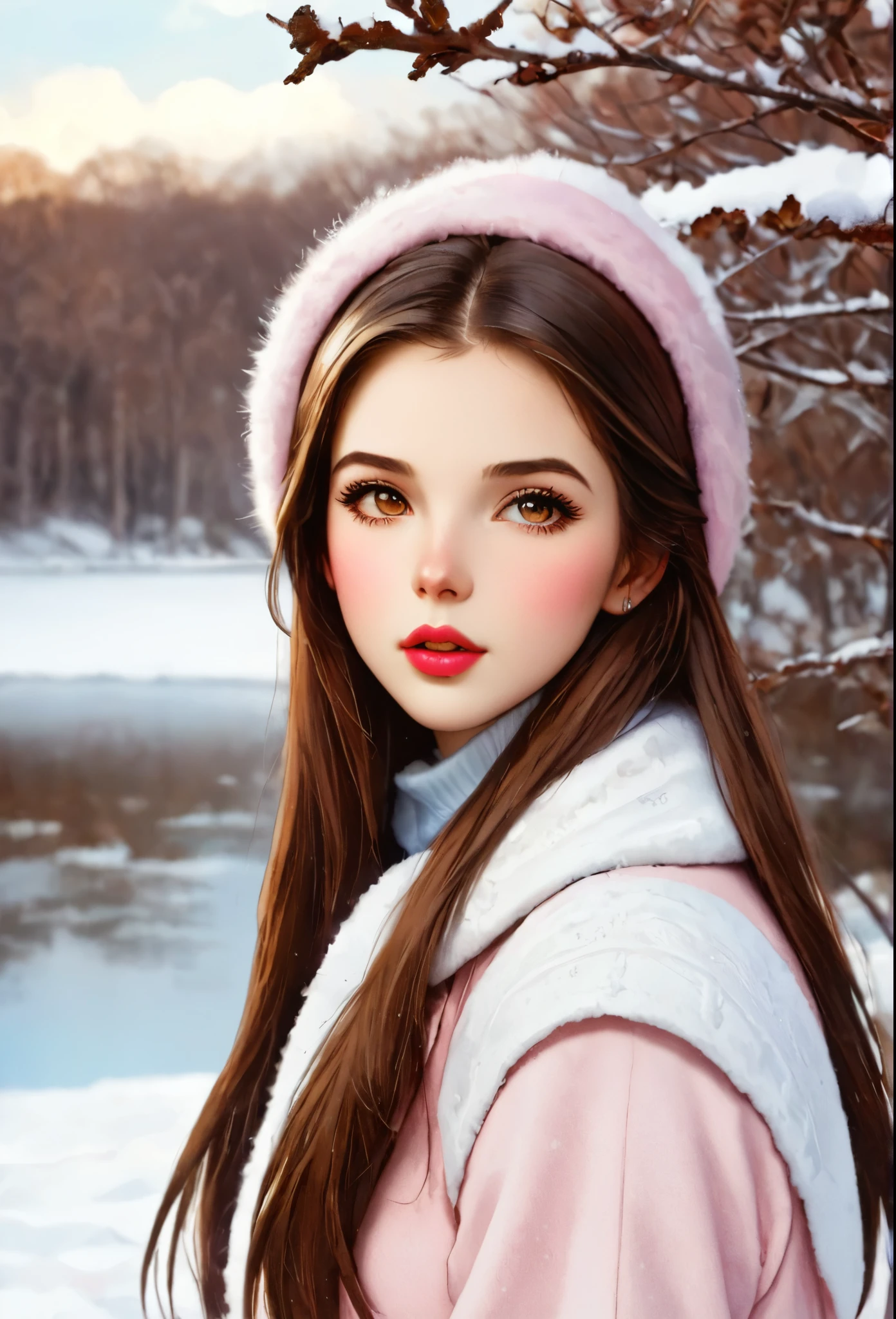 Girl, long straight brown hair, brown eyes, sharp features, white skin, pink lips, soft natural makeup, perfect look, winter style.