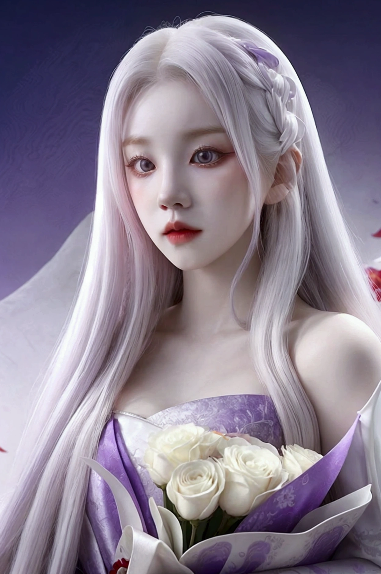 a woman with long white hair holding a bouquet of flowers, beautiful gray skin, pale porcelain white skin, red eyes, white and purple dress, artwork in the style of guweiz, guweiz, 4k hd. snow white hair, porcelain white skin, 8k high quality detailed art, pale snow white skin, red an purple aesthetic, red and purple details, Song Yuqi, purple and red background, princess dress, princess, red eyes, purple dress, full body