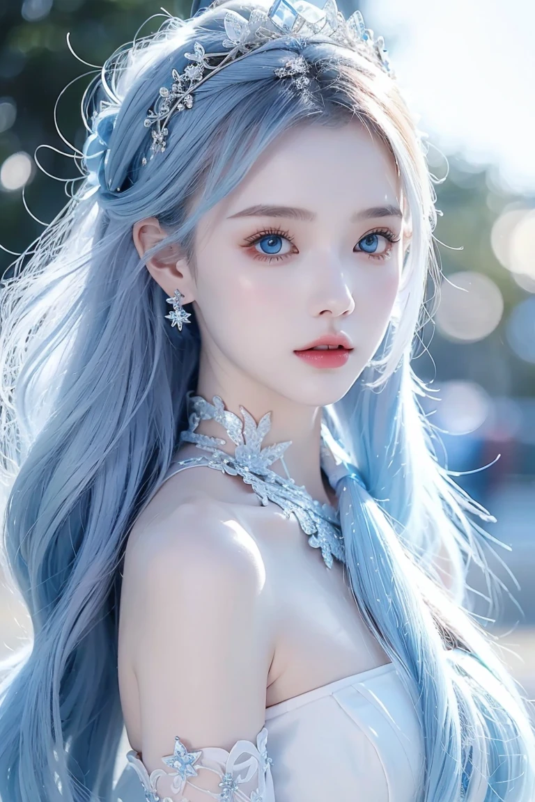 Winter, 1 girl, pale skin, snowflake themed clothing, ice crown, neutral expression, ice crystal, elegant, snowflake, 1 girl, Chinese style clothing, bare shoulders, light blue hair, very long hair, blue eyes, hair accessories, blue ribbons, blue earrings