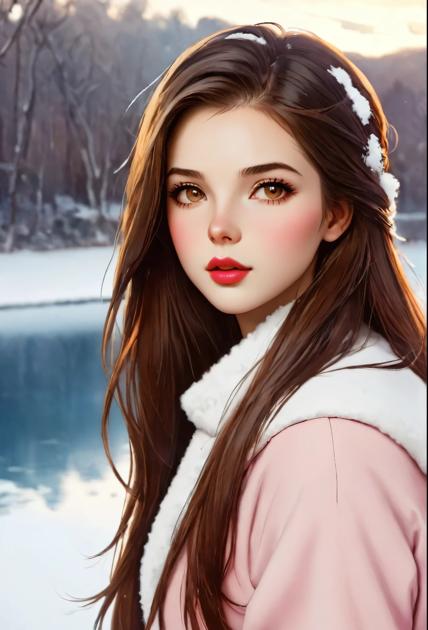 Girl, long straight brown hair, brown eyes, sharp features, white skin, pink lips, soft natural makeup, perfect look, winter style.