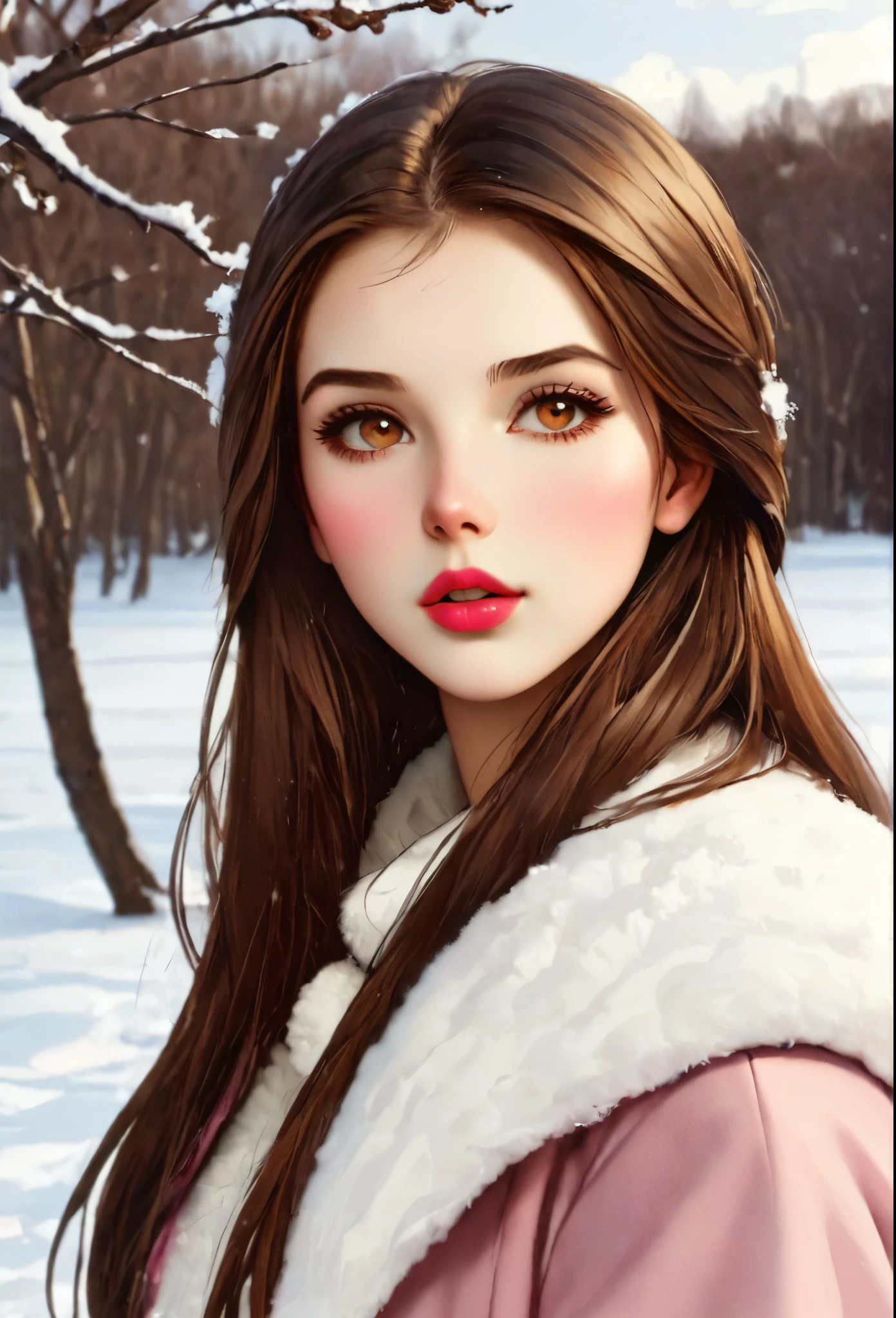 Girl, long straight brown hair, brown eyes, sharp features, white skin, pink lips, soft natural makeup, perfect look, winter style.