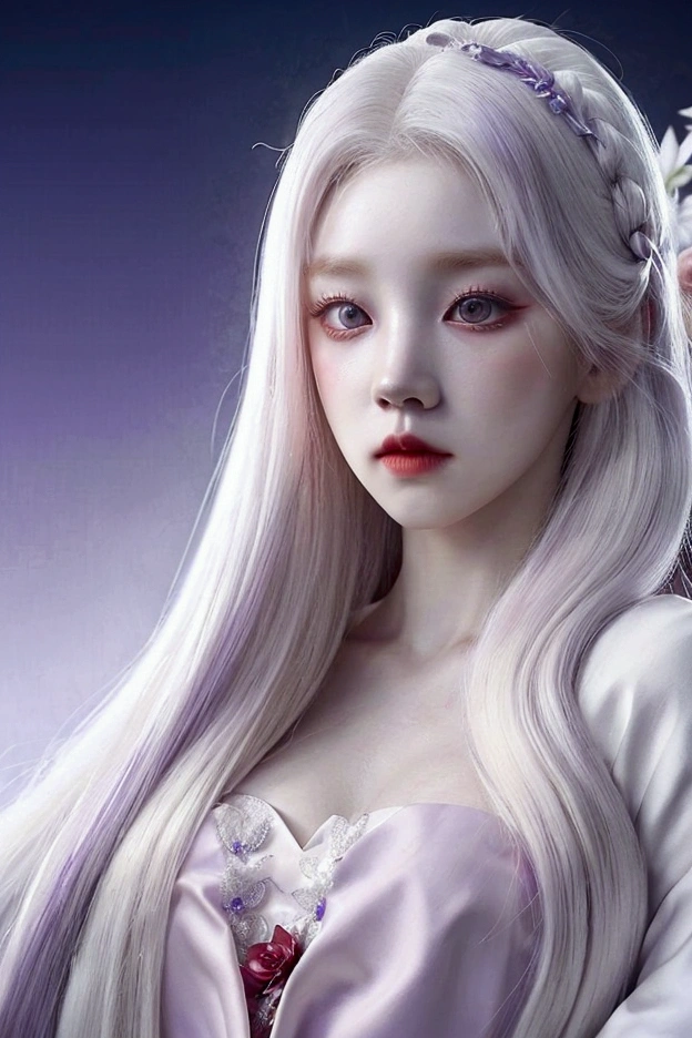 a woman with long white hair holding a bouquet of flowers, beautiful gray skin, pale porcelain white skin, red eyes, white and purple dress, artwork in the style of guweiz, guweiz, 4k hd. snow white hair, porcelain white skin, 8k high quality detailed art, pale snow white skin, red an purple aesthetic, red and purple details, Song Yuqi, purple and red background, princess dress, princess, red eyes, purple dress, full body