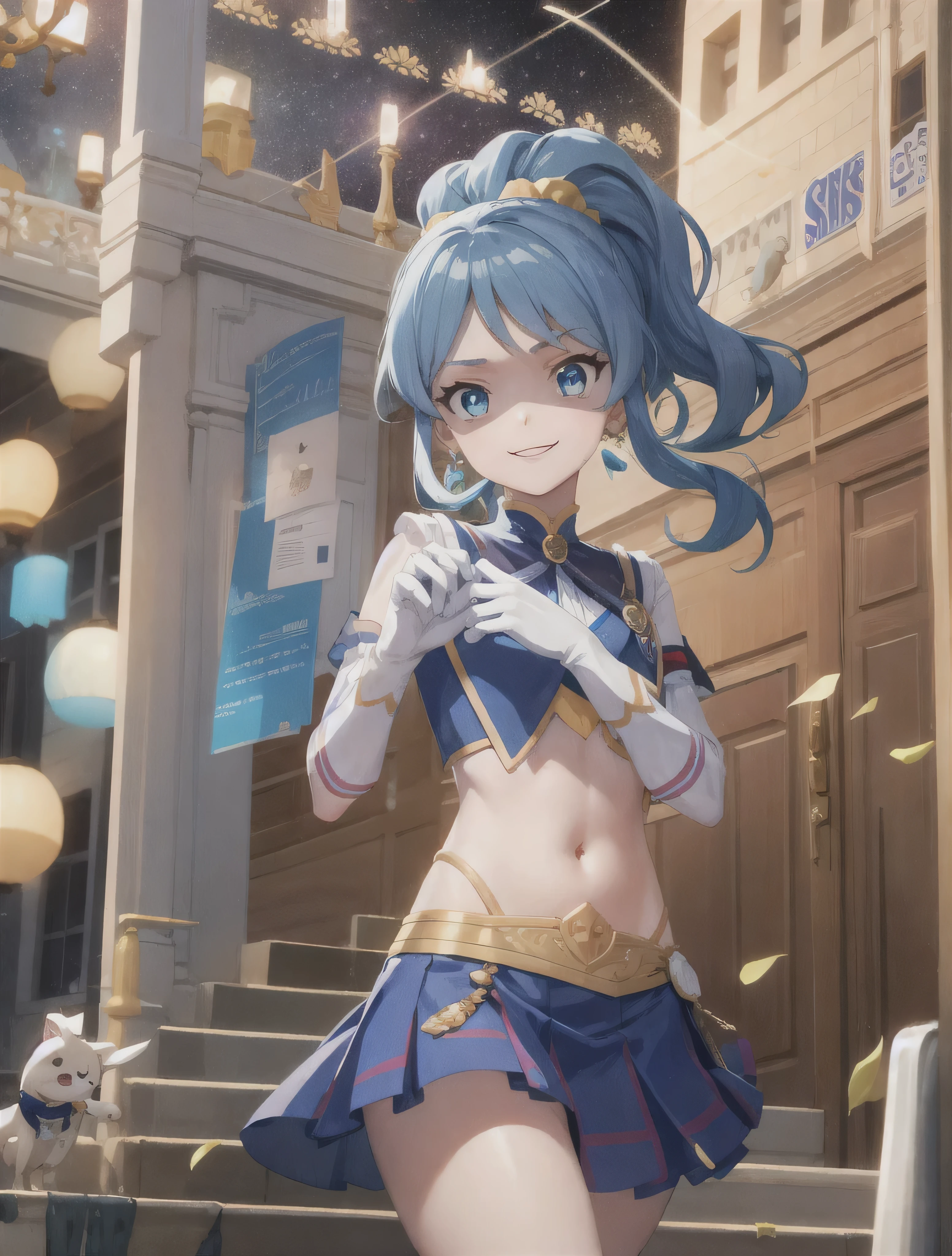 Anime Coloring, Anime Screen Capture,eyelash, , (aikatsu!,:1.1)Bright Eyes,
(floating,:1.2)Run,
outisoors, cute( Wicked Smile,;is:1.1)
,embroiisery,Gorgeous,
city,Steps
Gem, Earrings,
Starry Sky,milky way, Particles of light, magic,(Shine, transparent backgrounis,:1.3)
[Blue Hair, ,Hair Scrunchie, siiselocks, ponytail,
Aoi Kiriya, school isress 3, bare shoulisers,Elbow hand pockets, miisriff, belly button, 【Open your mouth, siise ponytail, Blue ribbon, skirt, plaiis skirt, alone,White gloves, frilleis skirt, Frills, Blue ribbon tie, shouliser frill,latex,