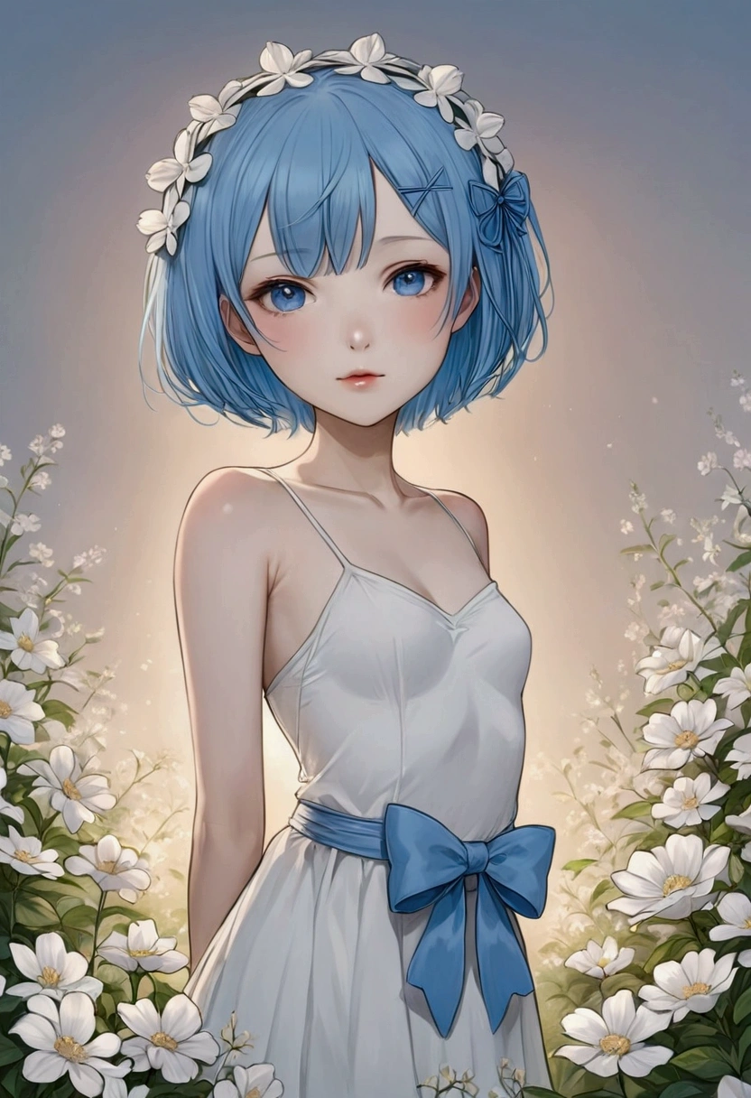 anime giRl with blue haiR and a bow in heR haiR, Rem RezeRo, by Rei Kamoi, realistic, Rei hiRoe, Rin, Rei ayanami, 8k!!, blue coloRed, R /aRt, R / aRt, R/aRt, anime moe aRtstyle, high quality coloRed sketch, Happy!!!, by KamaguRkaOne Girl、classical、blue hair, big blue eyes、Ulzzang, Beautiful Eyes、high quality、White skin、Mr.々Surrounded by flowers、Low Saturation、Portraiture、Thin line drawing、Fine details、Soft light –ar 5:7 –niji, ((arms behind back)), petite, small breasts, standing, contrapposto, 
