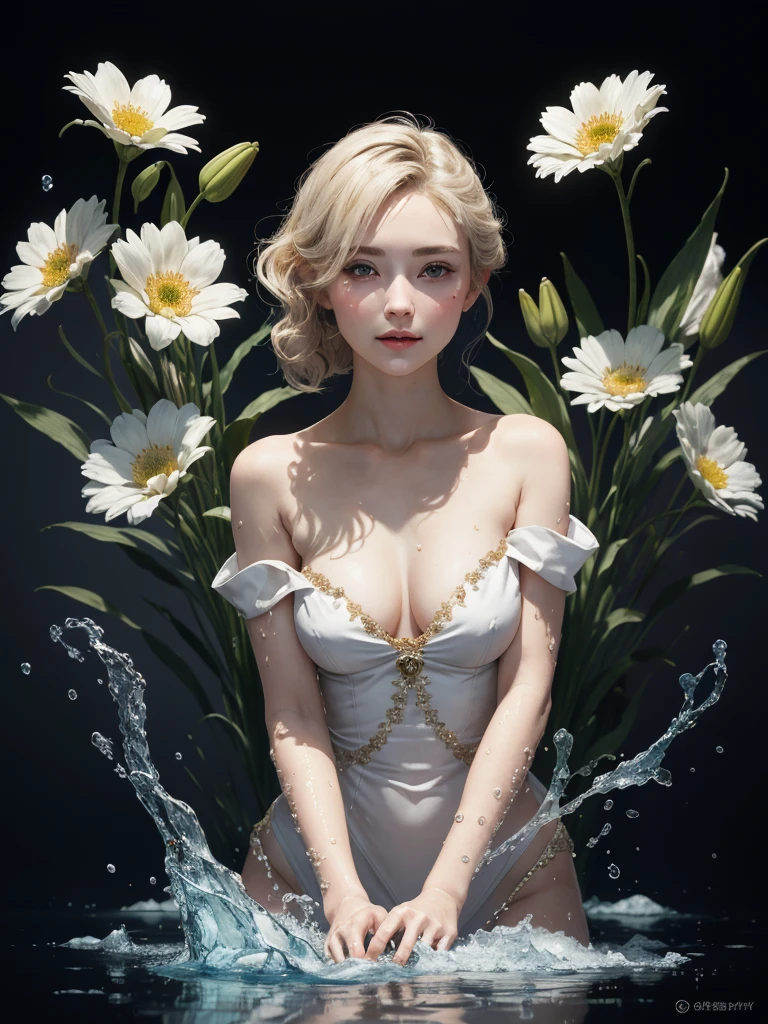 1girl, blonde hair, (looking at viewer:1.2), bare shoulders, detailed face, flowers, bloom, carillon, buckwheat, chamomile, lily of the valley, gerbera, eucalyptus, water color painting, abstract, surrealistic, light tone, light gold color scheme, high resolution, super details, ink splash, shimmering water, vibrant, mesmerizing ripples, elephant, dreamlike, liquid fantasy delight, frozen water burst,