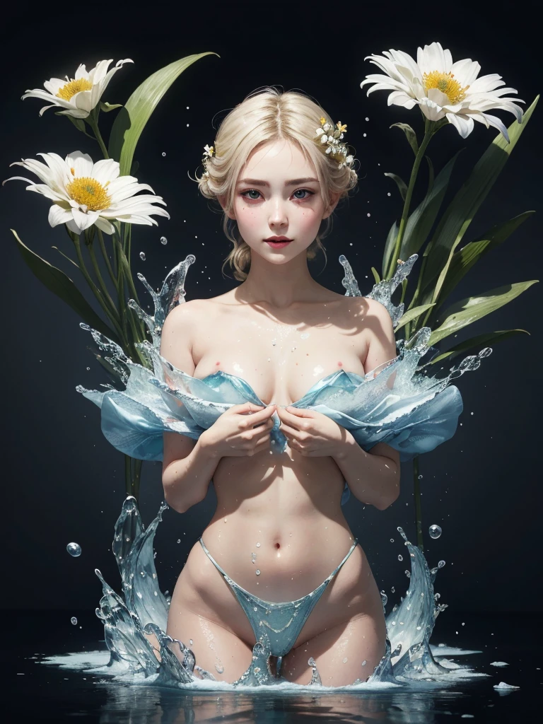 1girl, blonde hair, (looking at viewer:1.2), bare shoulders, detailed face, flowers, bloom, carillon, buckwheat, chamomile, lily of the valley, gerbera, eucalyptus, water color painting, abstract, surrealistic, light tone, light gold color scheme, high resolution, super details, ink splash, shimmering water, vibrant, mesmerizing ripples, elephant, dreamlike, liquid fantasy delight, frozen water burst,