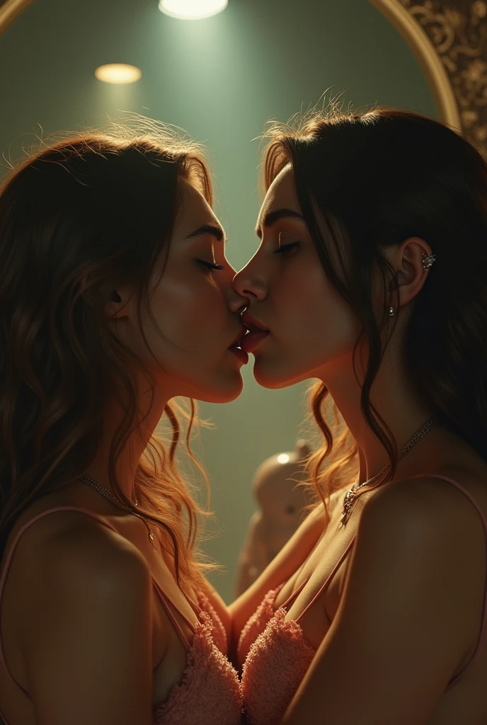 Lucy Hale and Troian Bellisario blush while staring at each other.