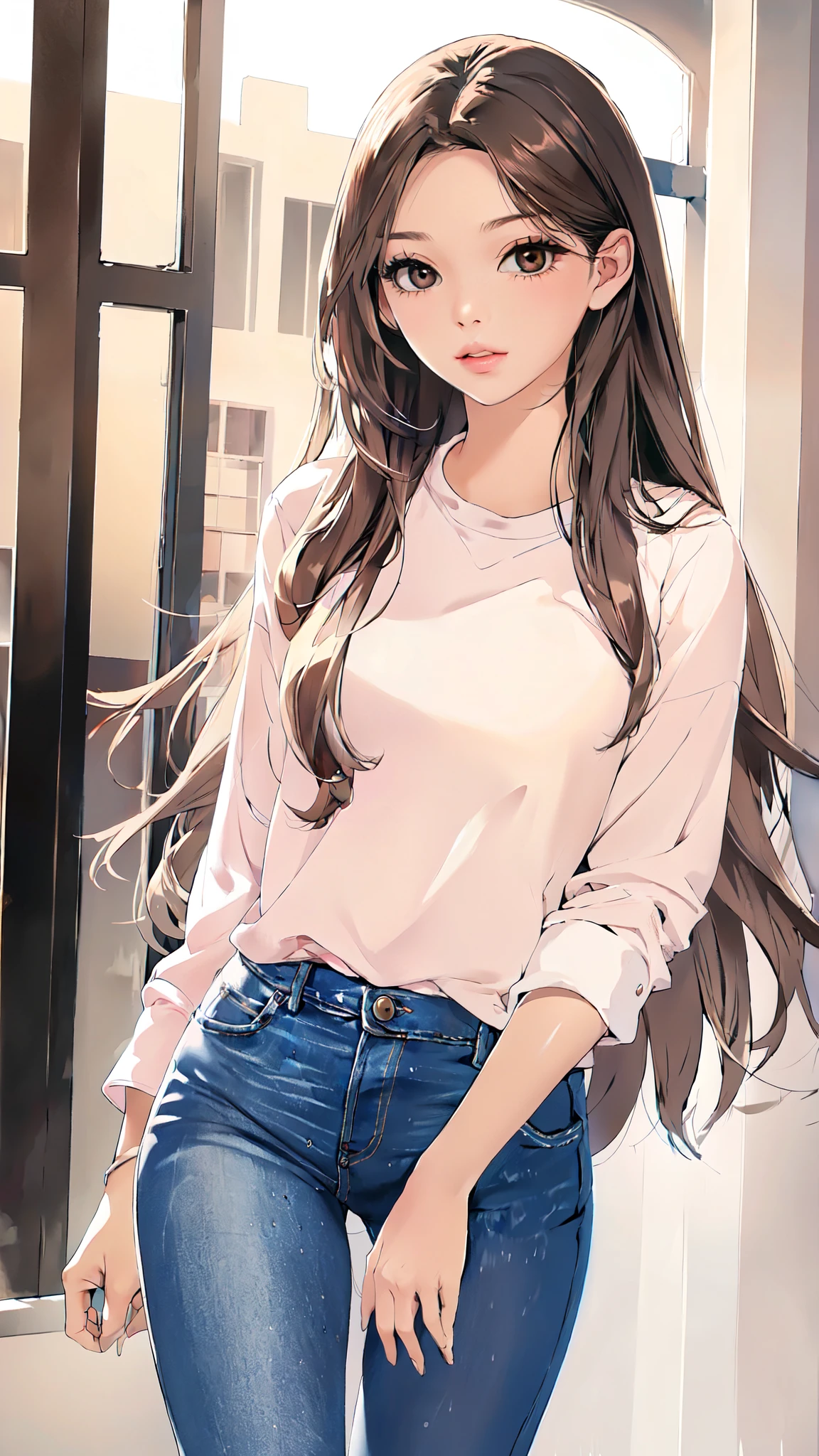Girl, long brown hair, brown eyes, sharp features, white skin, pink lips, perfect, soft natural makeup, jeans style.