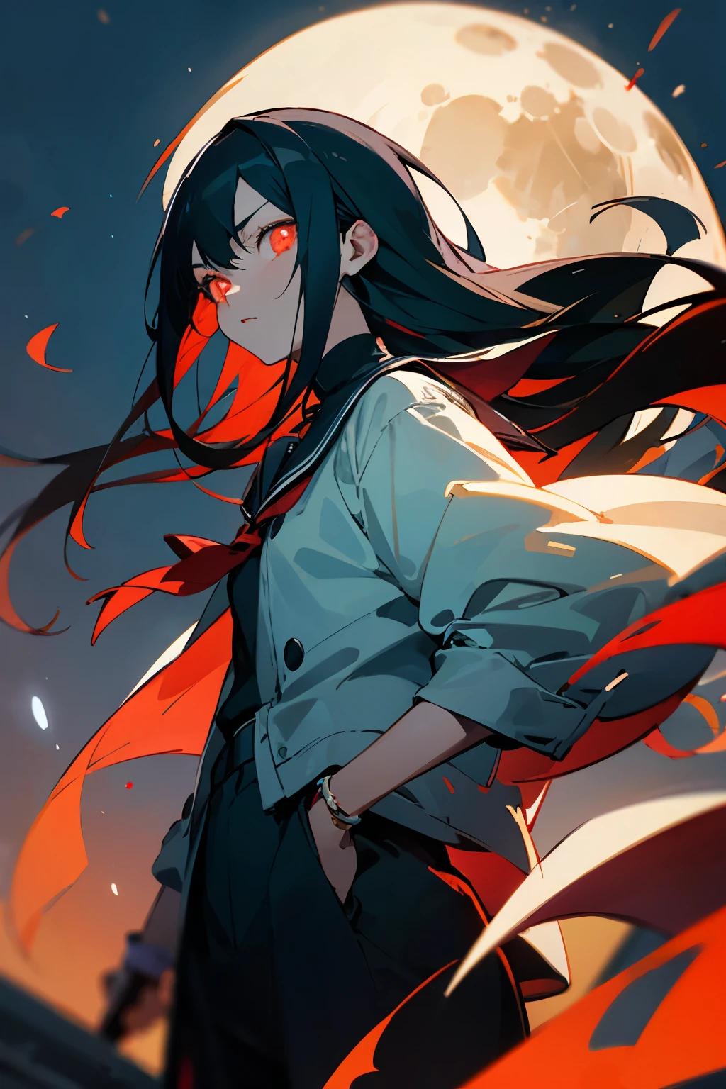 A young man with long black hair clenched a fist in one hand、A red aura emanates from the whole body.、Glaring at me with hostile eyes and shouting loudly, my outfit is punk rock