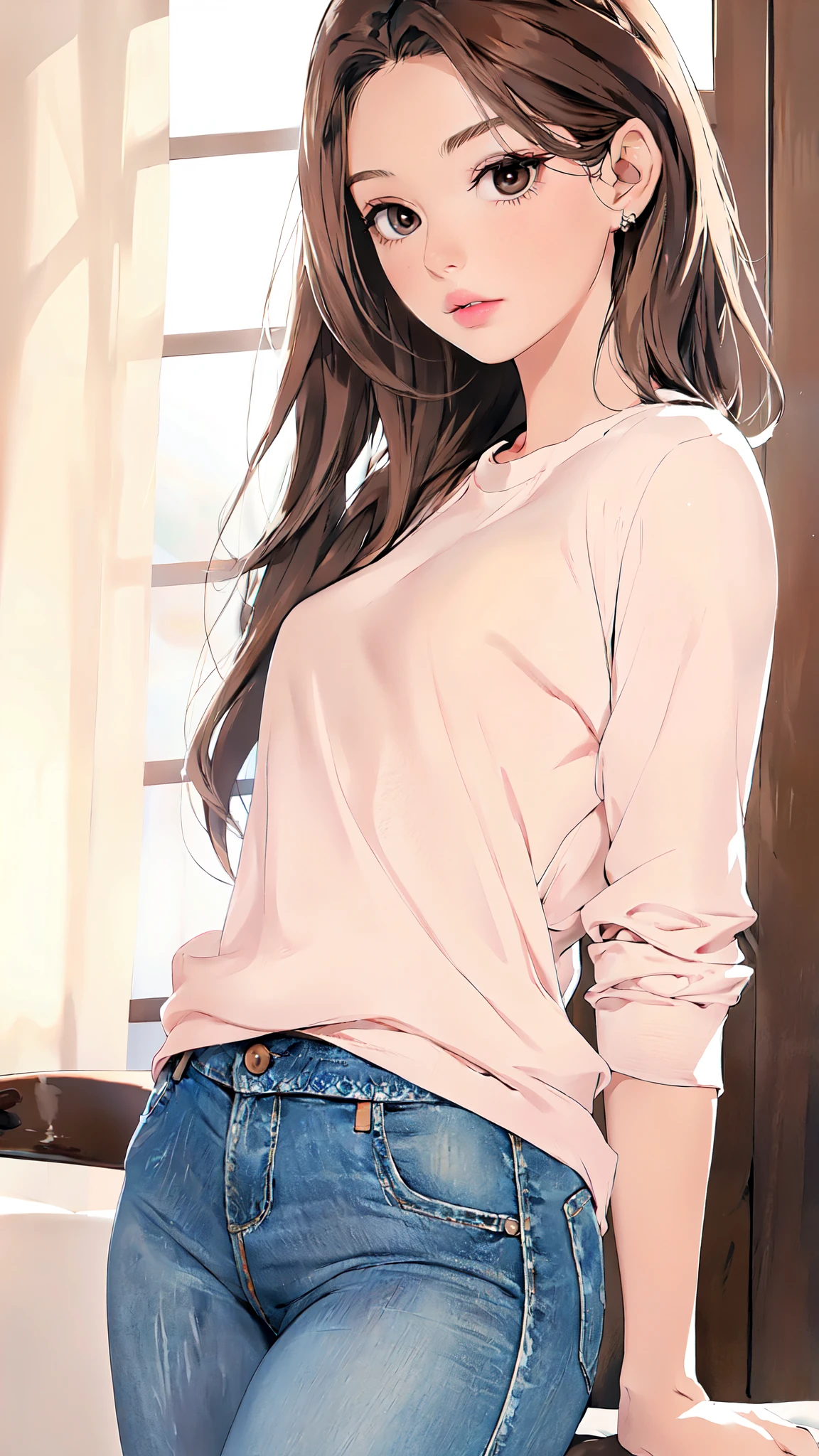 Girl, long brown hair, brown eyes, sharp features, white skin, pink lips, perfect, soft natural makeup, jeans style.