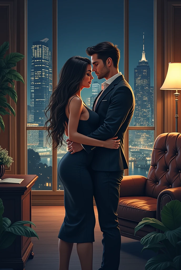 photorealism:1.2), Indonesian man, 40 years old, fat, neat short black hair, a little beard, facing the camera, in a luxurious office area, casual suit hugging a beautiful, sexy woman, wearing a short skirt and high heels, glass background with a panoramic view of the city seen from a tall building, realistic, intricate details, warm colors, by Greg Rutkowski, by Alphonse Mucha