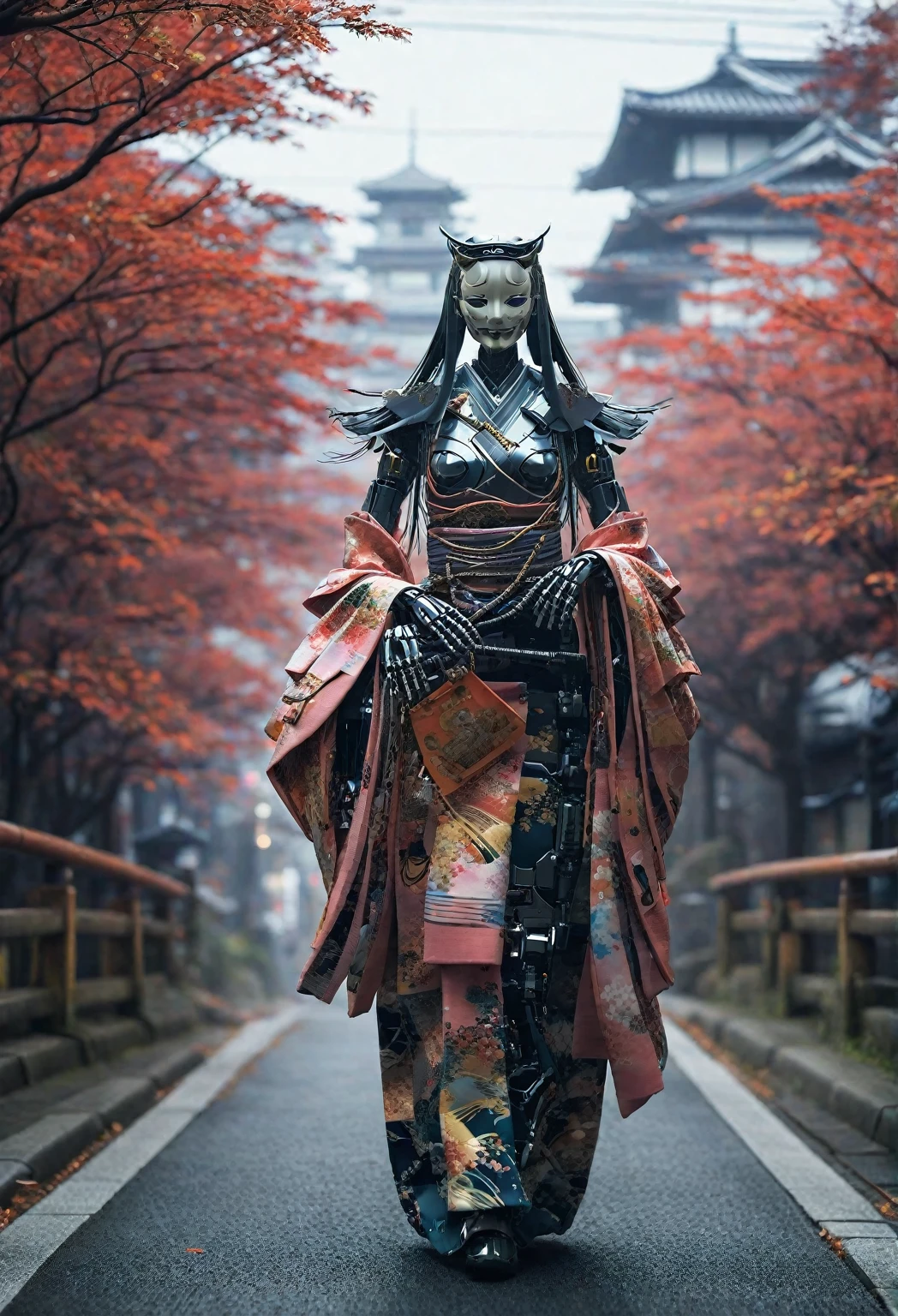 Creating an image of a female android in a beautiful kimono walking through the streets of Kyoto. The style is terrible, and the fusion of humans and robots has a mysterious and creepy atmosphere amidst the beauty. In the background is an old Japanese cityscape. It has a long neck made of machines and wears a mask. Imagine a strange and eerie picture - Ar 9:16.
creepy atmosphere, fusion, horror, Japanese cityscape, long neck, robots, v 6