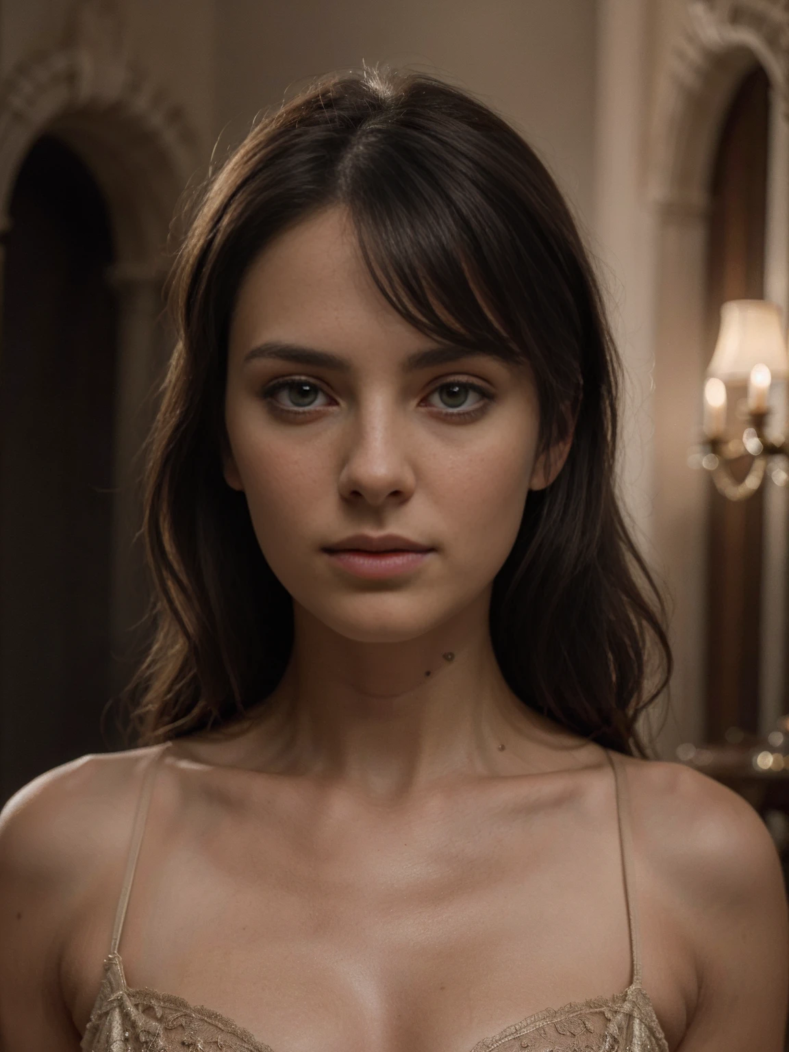 A mature woman with elegant Italian features, beautiful detailed eyes, beautiful detailed lips, extremely detailed face, long eyelashes, soft skin, wavy brown hair, serene expression, wearing a luxurious silk dress, standing in a picturesque Italian villa, (best quality,4k,8k,highres,masterpiece:1.2),ultra-detailed,(realistic,photorealistic,photo-realistic:1.37),intricate details,chiaroscuro lighting,cinematic composition,warm color palette,renaissance painting