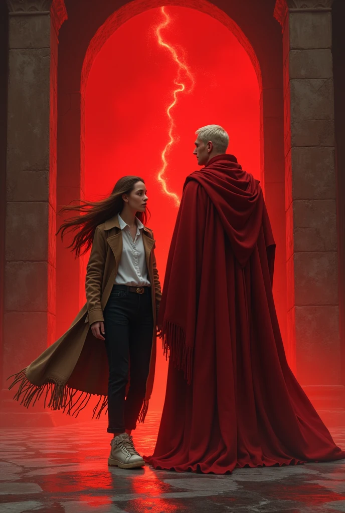 A beautiful youthful looking Chloe Bennet as a 50 years old woman with long curly completely gray hair as a member of stargate command standing next to the Stargate from stargate atlantis and also standing next to a wraith his hands on her stomach draining her life force
