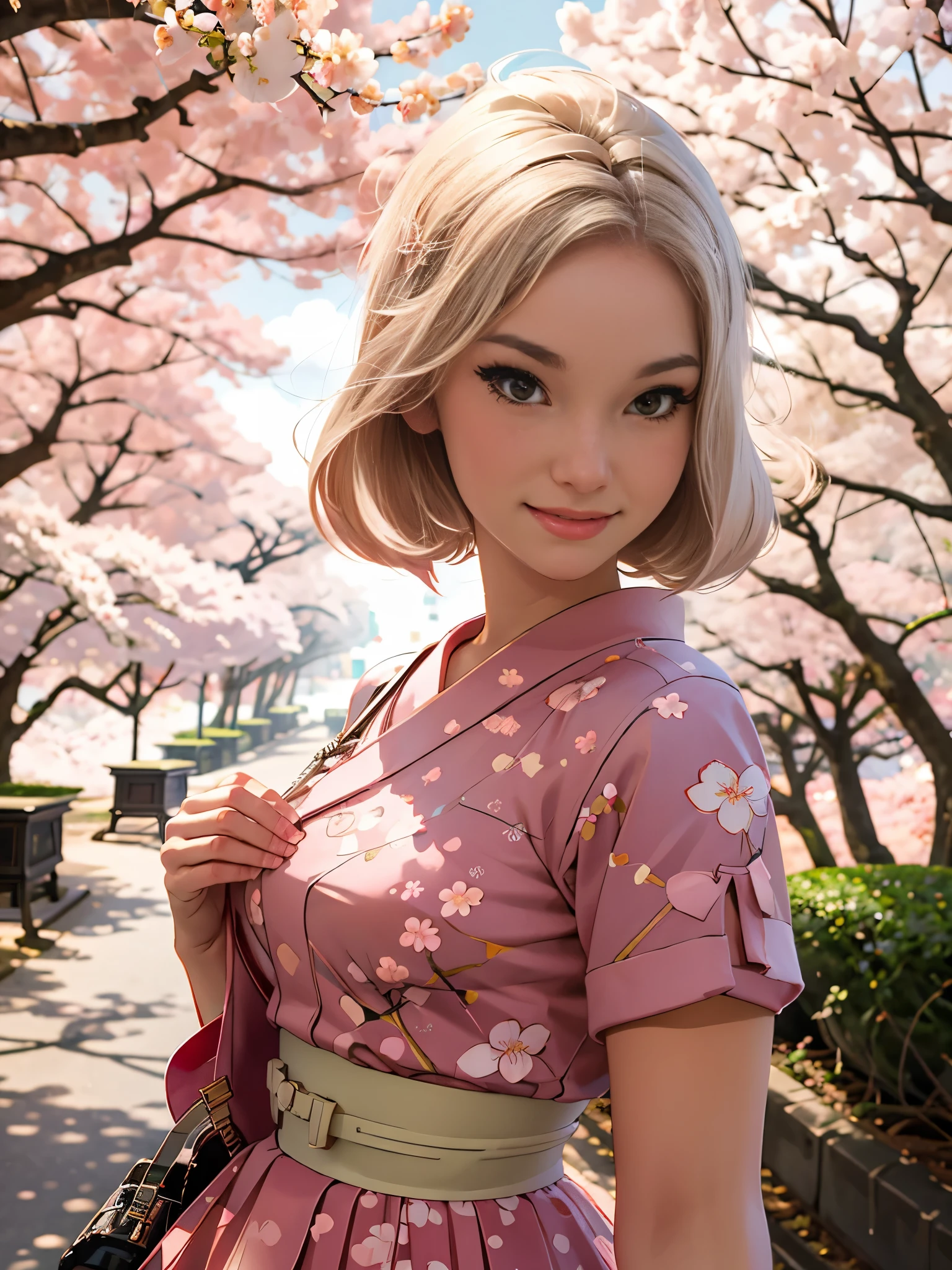 ultra-detailed, sitting under a blooming cherry blossom tree in a vibrant garden, surrounded by colorful flowers. She has radiant, expressive eyes, full of curiosity and innocence. Her lips are delicately curved into a gentle smile. Her hair are tied back with a ponytail and bangs. She wears a necklace, a bracelet, and dangling earrings. The sunlight filters through the branches, casting soft shadows on her face. The cherry blossoms create a dreamy atmosphere with their soft pink petals gently falling around her. The schoolgirl's uniform consists of a very short crop top, a pleated miniskirt, and white thigh-highs. The garden is filled with a variety of flowers, including roses, tulips, and daisies, in vibrant shades of pink, red, yellow, and purple. The scene is bathed in a warm, cinematic light, with a slight golden hue, giving it a romantic and nostalgic feel. The image quality is of the highest standard, with ultra-fine details visible in every aspect, from the delicate strands of hair to the intricate patterns on the schoolgirl's uniform. The colors are vivid and vibrant, with a perfect balance of saturation and contrast. The lighting creates a soft, enchanting glow, enhancing the allure of the scene. The overall composition exudes a sense of tranquility and beauty, inviting the viewer to immerse themselves in the serene moment.