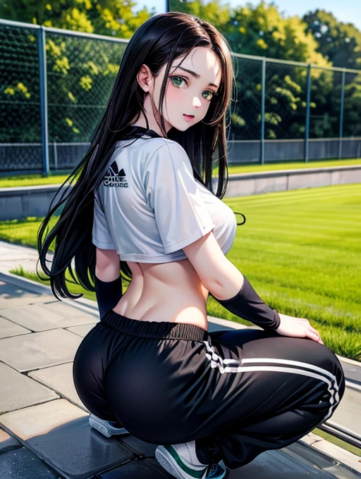  teenage girl,pale skin,green eyes and dark hair,athletics practitioner,big ass but very small tits,adidas black uniform,wears grey sweatpants