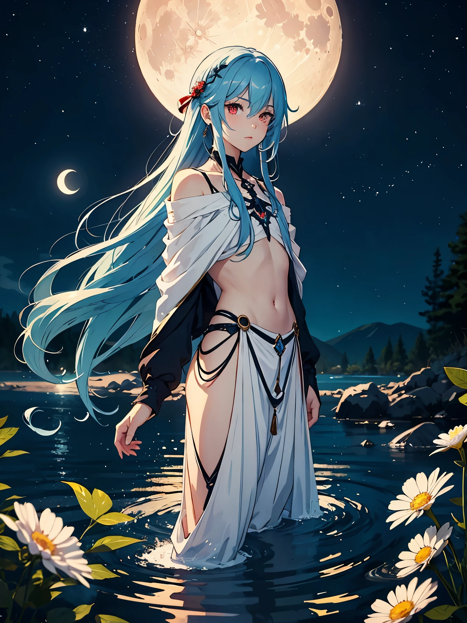 1girl!!!, very long bob hair with bangs, light blue hair, very small breasts, small size, blue eyes, fair skin, liying on back, legs apart, sex open, lot of cum on sex, serious face, nude, ice magic, full body, night, moon, frozen lake, mountain behind, very sexy body, detailed face, highly detailed, 8k, best quality, masterpiece, vibrant colors, digital art, concept art