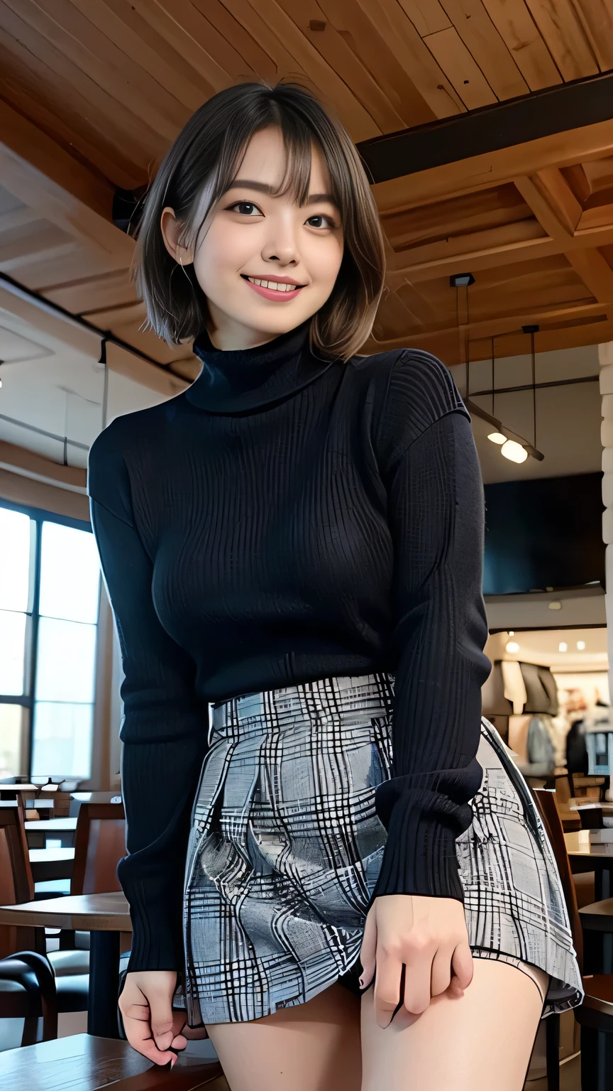 (8k,masterpiece, RAW photo,best quality:1.4),(photo realistic:1.2),(extremely detailed face),(shiny skin),(detailed skin),(detailed face),(extremely beautiful face),1girl,looking at viewer,Japanese idle(actress), brown hair,medium hair,straight hair,asymmetrical bangs,smile,glamor,(large breasts), plumpy breasts, (Fleece jacket, turtleneck sweater, Pleated skirt:1.2), christmas market,high position,professional lighting