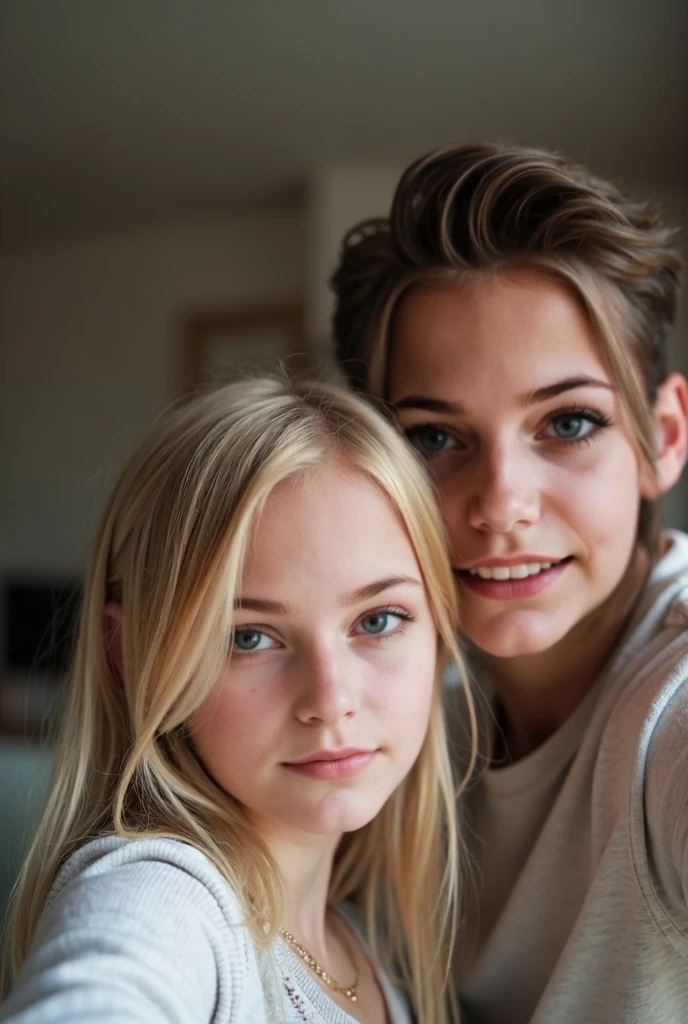 Picture of a girl and a man. Girl is blonde. Girl Wears long sleeve tshirt without bra