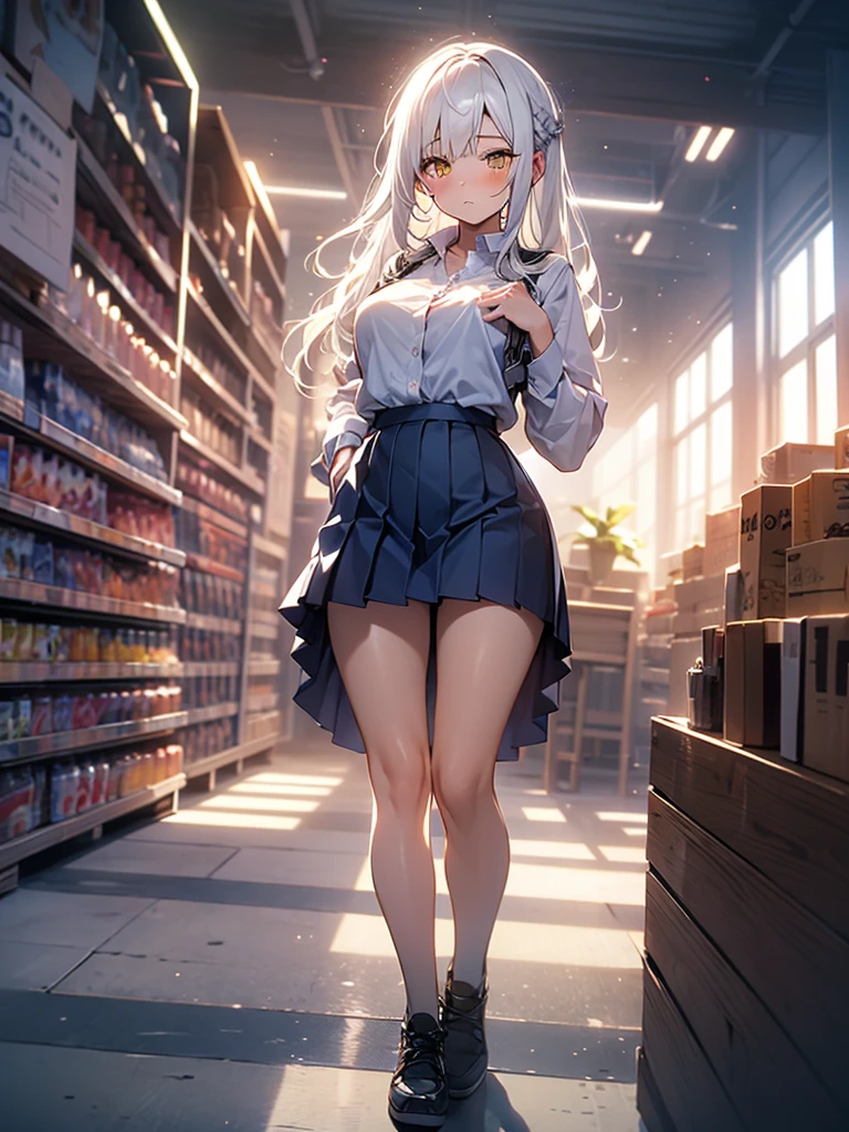 Girl, solo, Full Body, Long hair, white hair, Yellow eyes, sad face, eyes almost closed, Breasts, big Breasts, Large breasts, big Butt, white Button shirt, Button shirt popped out, Two Buttons popped out, Tight shirt, Short Skirt, Tiny Skirt, Dark BLUE skirt, tight Skirt, exposing your hands on your chest, in a public walmart