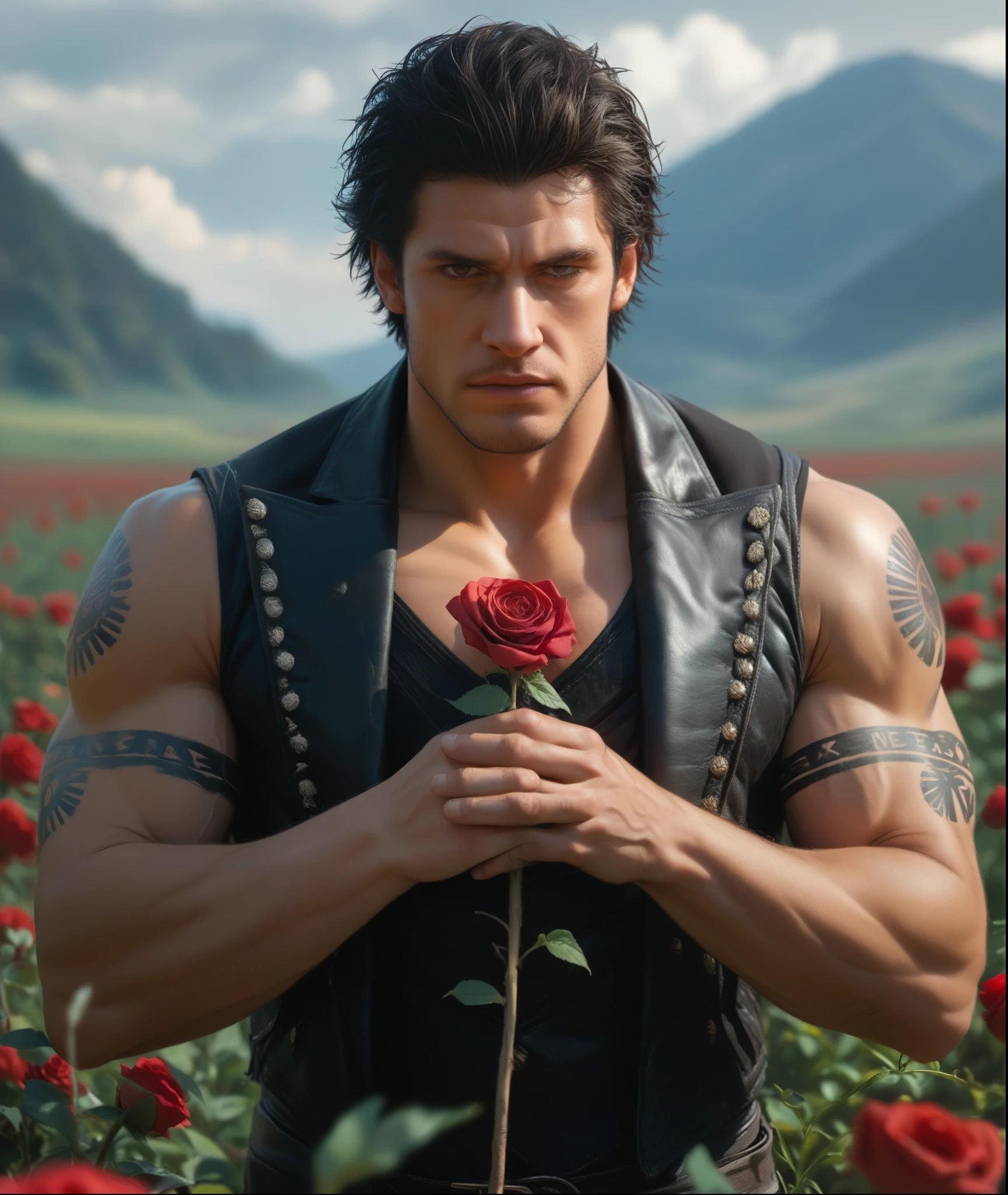 Digital artwork featuring devil may cry 5 a person man fitness muscle with short, dark, tousled hair, and light skin, kneeling amidst a field of dark red roses. The individual is dressed in a sleeveless black leather vest, revealing intricately detailed black tribal tattoos covering their arms. They are holding a brown, ornate book close to their face, with a somber expression. The background is filled with thorny branches and a soft, diffused light, creating a dramatic and melancholic atmosphere. The artist's signature, 'IG', is visible in the bottom right corner in a white, cursive font.  ,4K, masterpiece, anatomically correct, super detail, high quality, award winning, UHD, highres