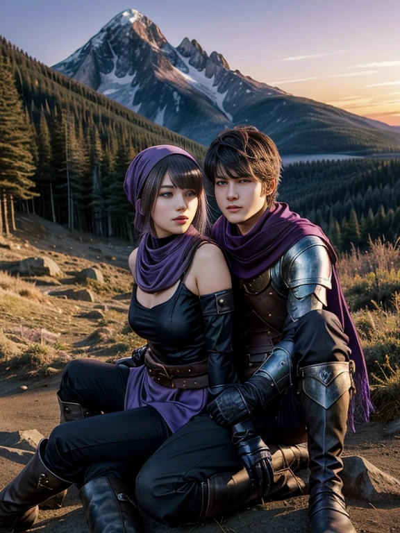 1girl, 1boy,handsome (best quality, beruka, gauntlets), armor, purple scarf, black gloves, pants, boots, bandana on the head, sitting, in front, trees, mountain, beautiful scenery in the background, soft sunset, subtle reflections on the ground.