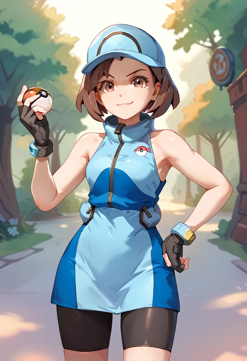 overwatch, 3d, cgi, Ace_trainer (pokemon), acetrainer, short brown hair, bike short,blue two tone sleeveless short dress, fingerless gloves, headwear, smile, holding pokeball, standing, hand on hip