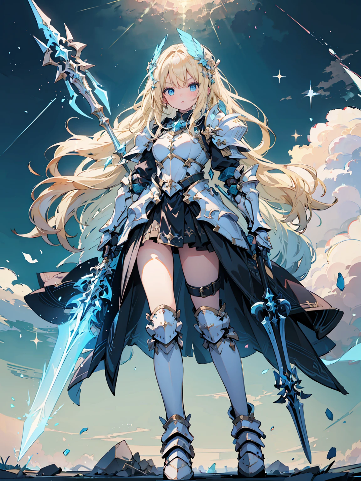 (((Highest品質、masterpiece、Normal body、8k、Detailed face、Ultra-precision、Normal hand、Normal finger、5This finger、Highest)))Female Heroes、human、blonde、Silver Breastplate、Sexy blue leotard、white Pareo、Holy Sword Excalibur、((Slave Collar、Shattered armor、Tattered Leotard、Broken Armor、Torn leotard、Leotard with holes))、Wielding the Holy Sword