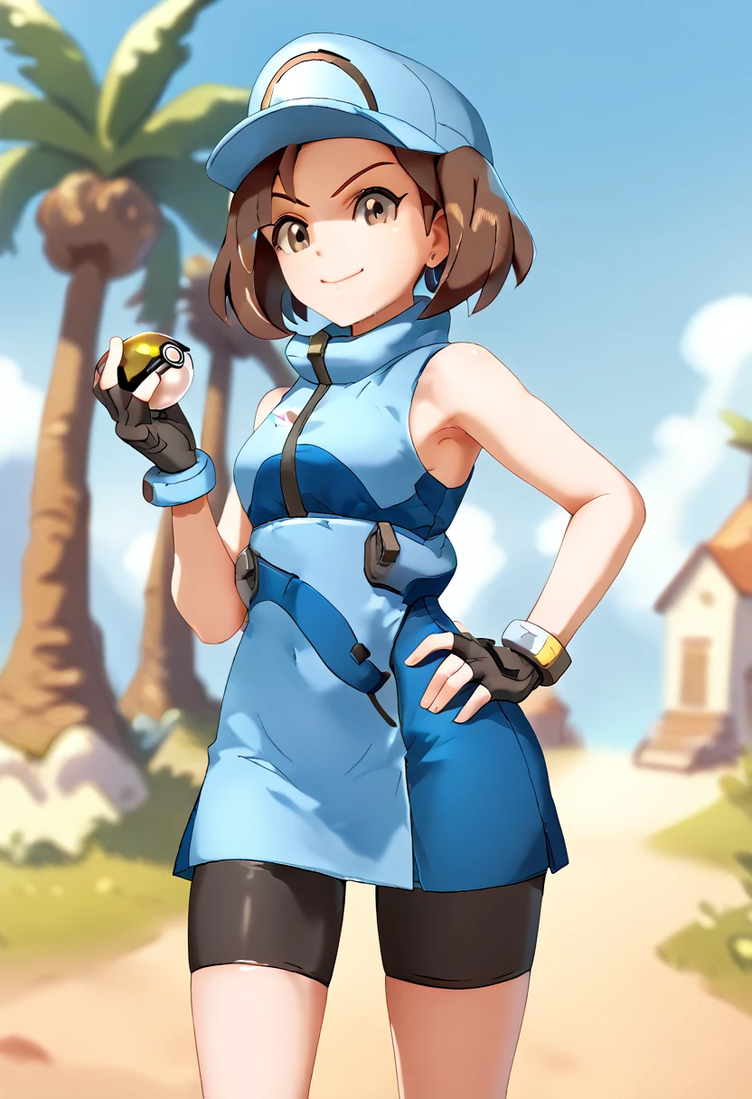 overwatch, 3d, cgi, Ace_trainer (pokemon), acetrainer, short brown hair, bike short,blue two tone sleeveless short dress, fingerless gloves, headwear, smile, holding pokeball, standing, hand on hip