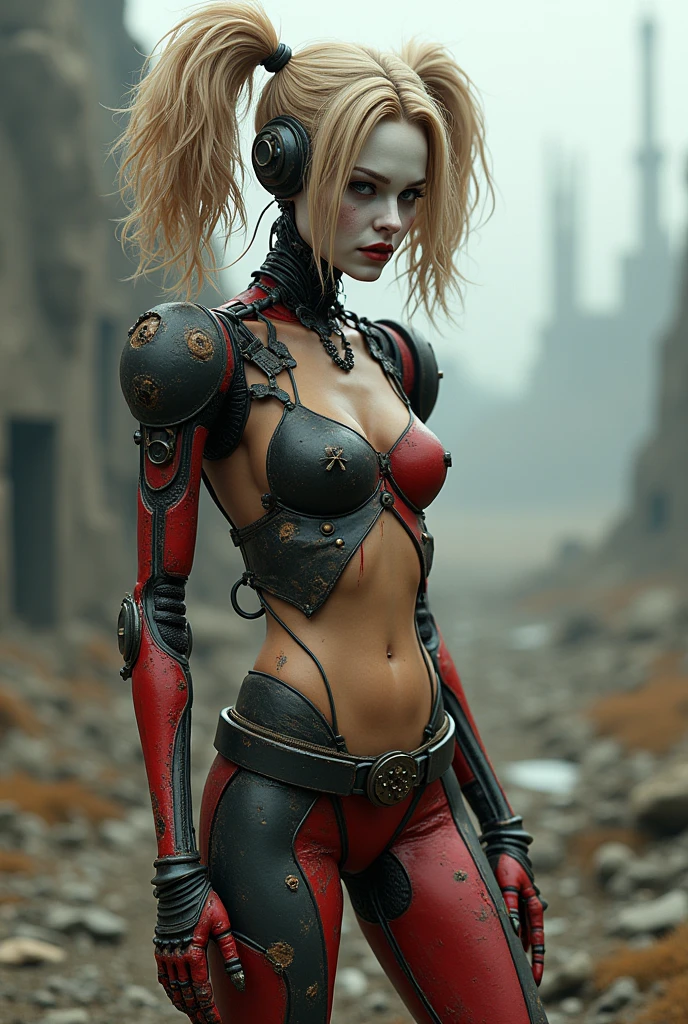 photo of Harley Quinn (sexy) from Marvel, Red and Black biomechanical, complex robot, full growth, hyperrealistic, insane small details, extremely clear lines, cyberpunk aesthetic, masterpiece featured on Zbrush Central