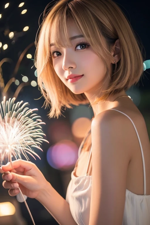 Smiling realistic girl with short blonde hair and long eyelashes with realistic fireworks on the background