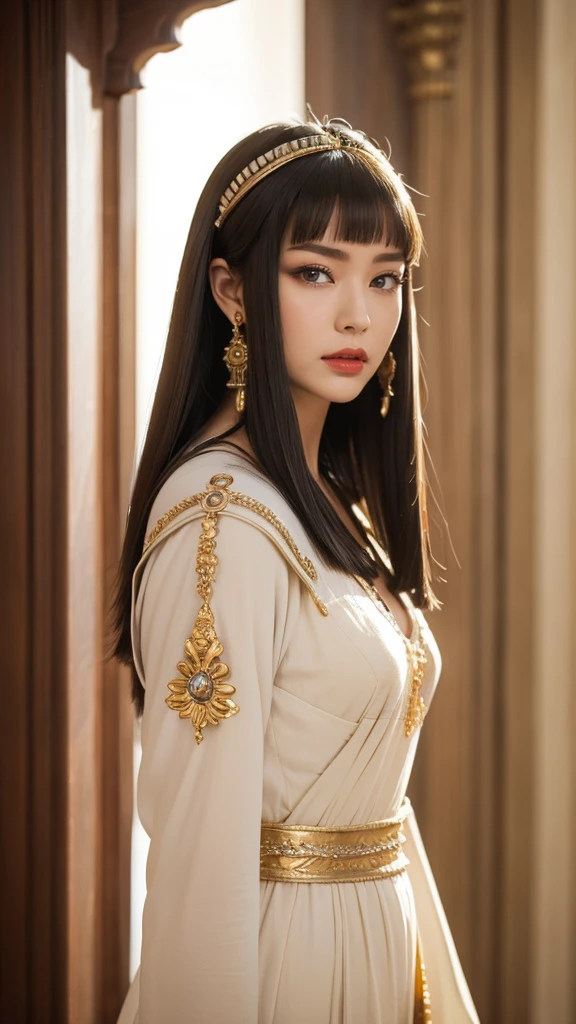 High resolution、masterpiece、Textured skin、high quality、超High resolution、Very detailed、woman、Center parted short hair、Age 30、Gorgeous dress、Egyptian palace、Cleopatra、