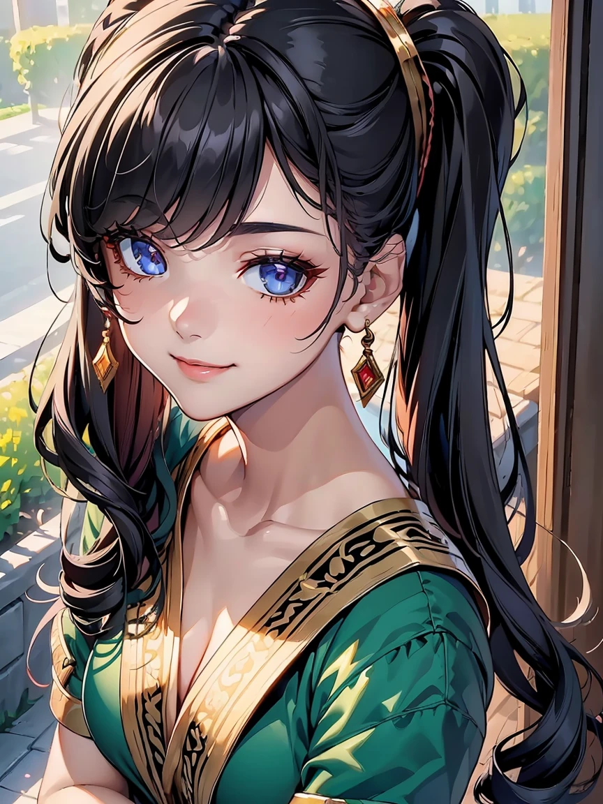 (highest quality, 4k, masterpiece :1.3), Beautiful woman, 1 girl, (chest, attractive body :1.2), jk:1.1, black hair: 1.1, twin tails, sari, super detailed face, lip details, fine eyes, double eyelid, smile,