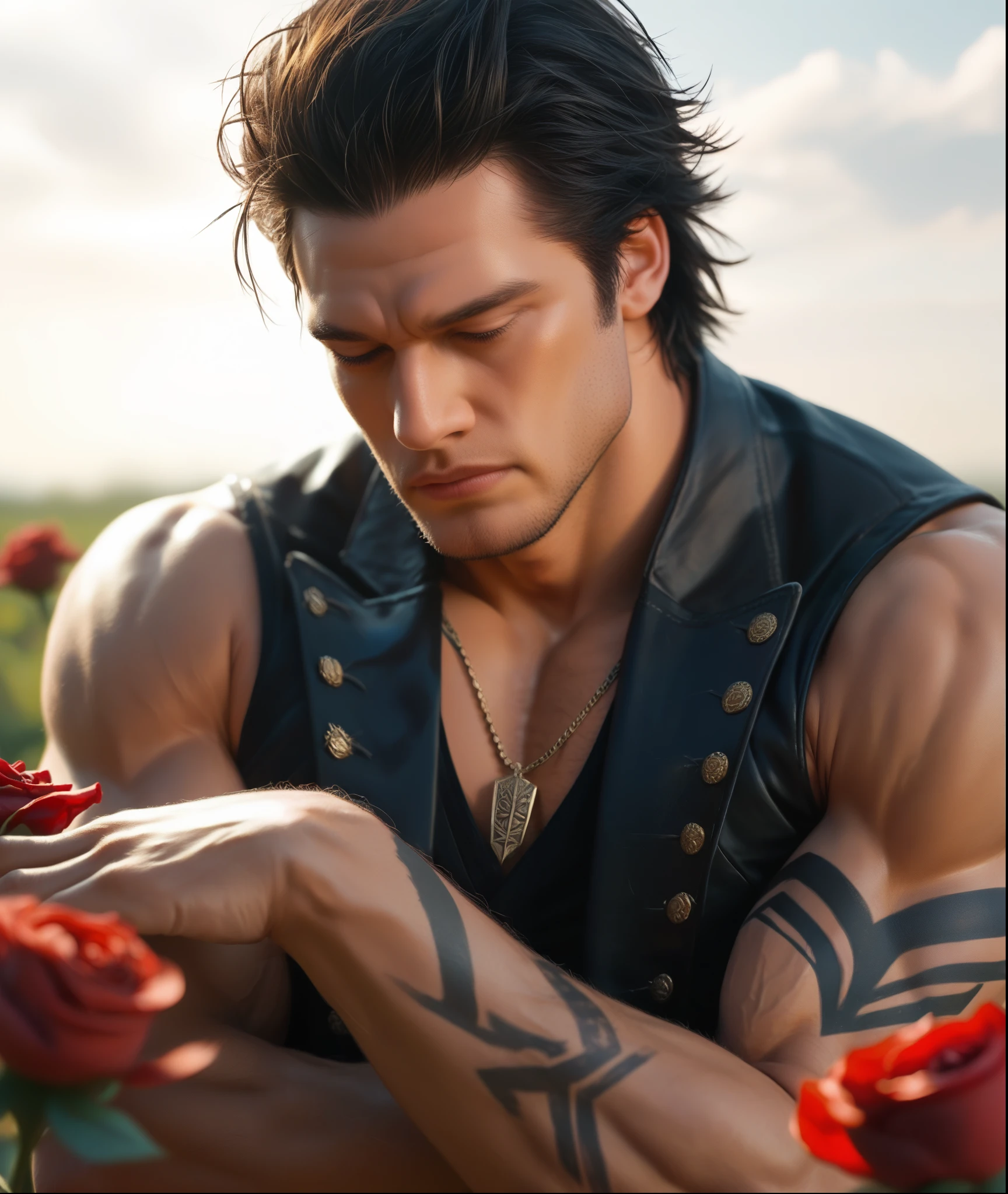 Digital artwork featuring devil may cry 5 a person man fitness muscle with short, dark, tousled hair, and light skin, kneeling amidst a field of dark red roses. The individual is dressed in a sleeveless black leather vest, revealing intricately detailed black tribal tattoos covering their arms. They are holding a brown, ornate book close to their face, with a somber expression. The background is filled with thorny branches and a soft, diffused light, creating a dramatic and melancholic atmosphere. The artist's signature, 'IG', is visible in the bottom right corner in a white, cursive font.  ,4K, masterpiece, anatomically correct, super detail, high quality, award winning, UHD, highres