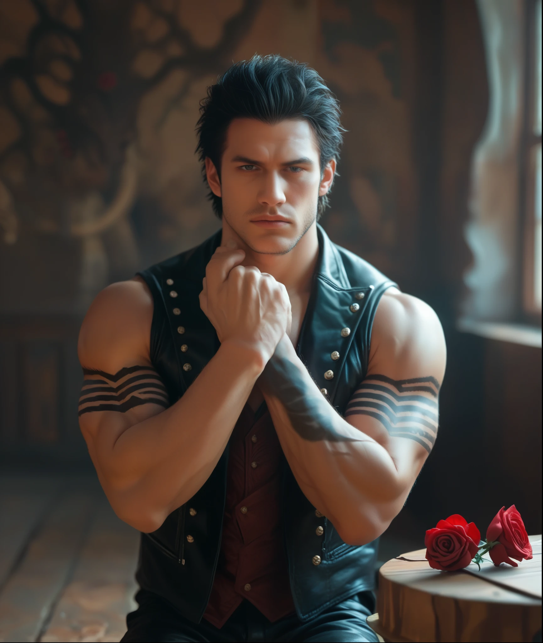 Digital artwork featuring devil may cry 5 a person man fitness muscle with short, dark, tousled hair, and light skin, kneeling amidst a field of dark red roses. The individual is dressed in a sleeveless black leather vest, revealing intricately detailed black tribal tattoos covering their arms. They are holding a brown, ornate book close to their face, with a somber expression. The background is filled with thorny branches and a soft, diffused light, creating a dramatic and melancholic atmosphere. The artist's signature, 'IG', is visible in the bottom right corner in a white, cursive font.  ,4K, masterpiece, anatomically correct, super detail, high quality, award winning, UHD, highres