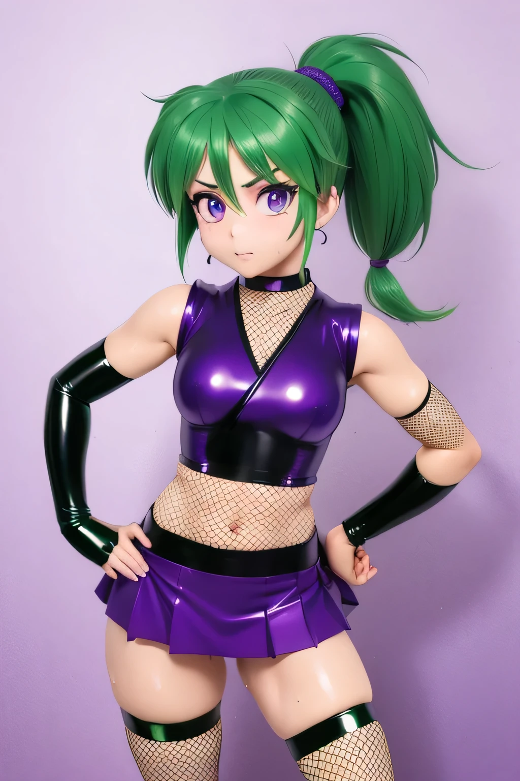 Disgust, green skin, green fur, big breasts, flirtatious look, looking at the viewer, green dress, She lifts her dress with her hands to show her blue-green panties, Dark blue thigh high stockings, garter belt in each stocking, in a command center, from below.