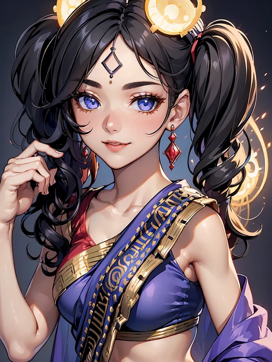 (highest quality, 4k, masterpiece :1.3), Beautiful woman, 1 girl, (chest, attractive body :1.2), jk:1.1, black hair: 1.1, twin tails, sari, super detailed face, lip details, fine eyes, double eyelid, smile, crop top