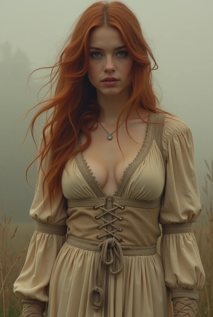 Create a high quality image, extreme detail, ultra definition, extreme realism, high quality lighting, 16k UHD, a female metal/folk singer, reddish hair with curls, big breasts, medieval sorceress dress, perfect real hands, forest background.