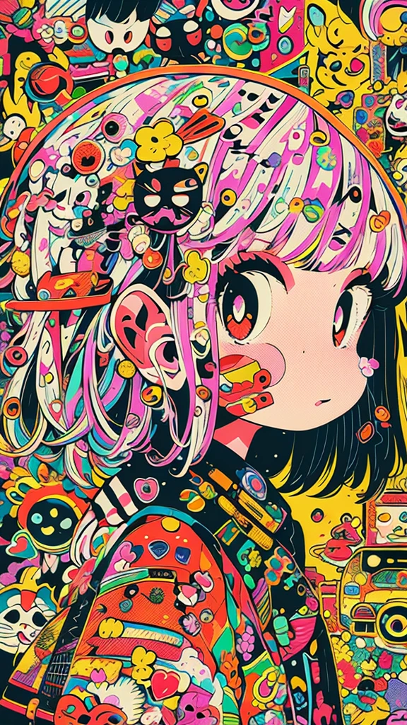 Close-up of cartoon character with lots of objects, anime graphic illustration, pop japonisme 3 d ultra detailed, japanese cartoon style, anime style illustration, anime style artwork, anime abstract art, Anime style mixed with Fujifilm, anime style 4 k, anime robotic mixed with organic, digital anime illustration, inspired by Kubisi art, Anime Illustration